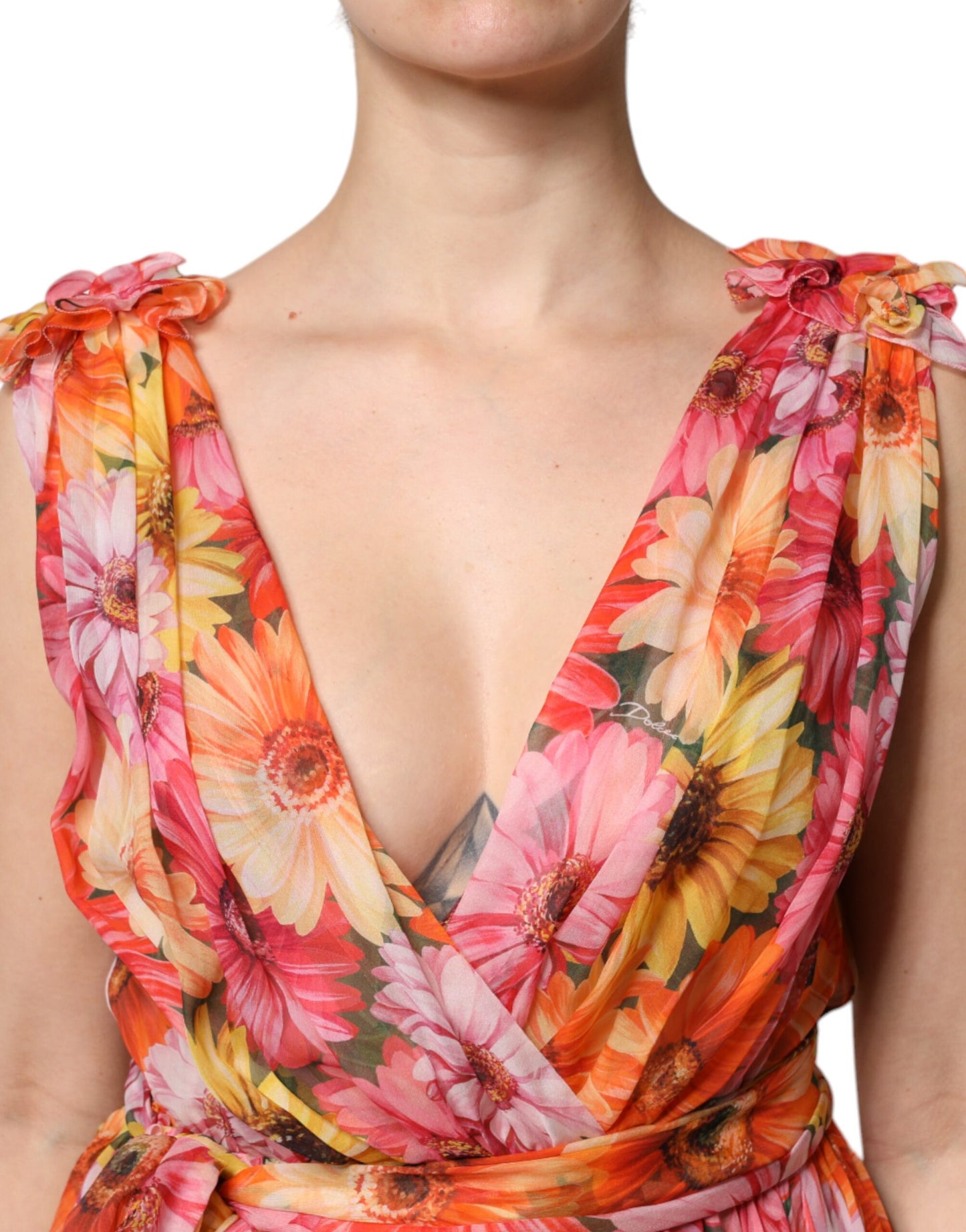 Robe en mousseline de soie à col en V et imprimé floral multicolore Dolce & Gabbana