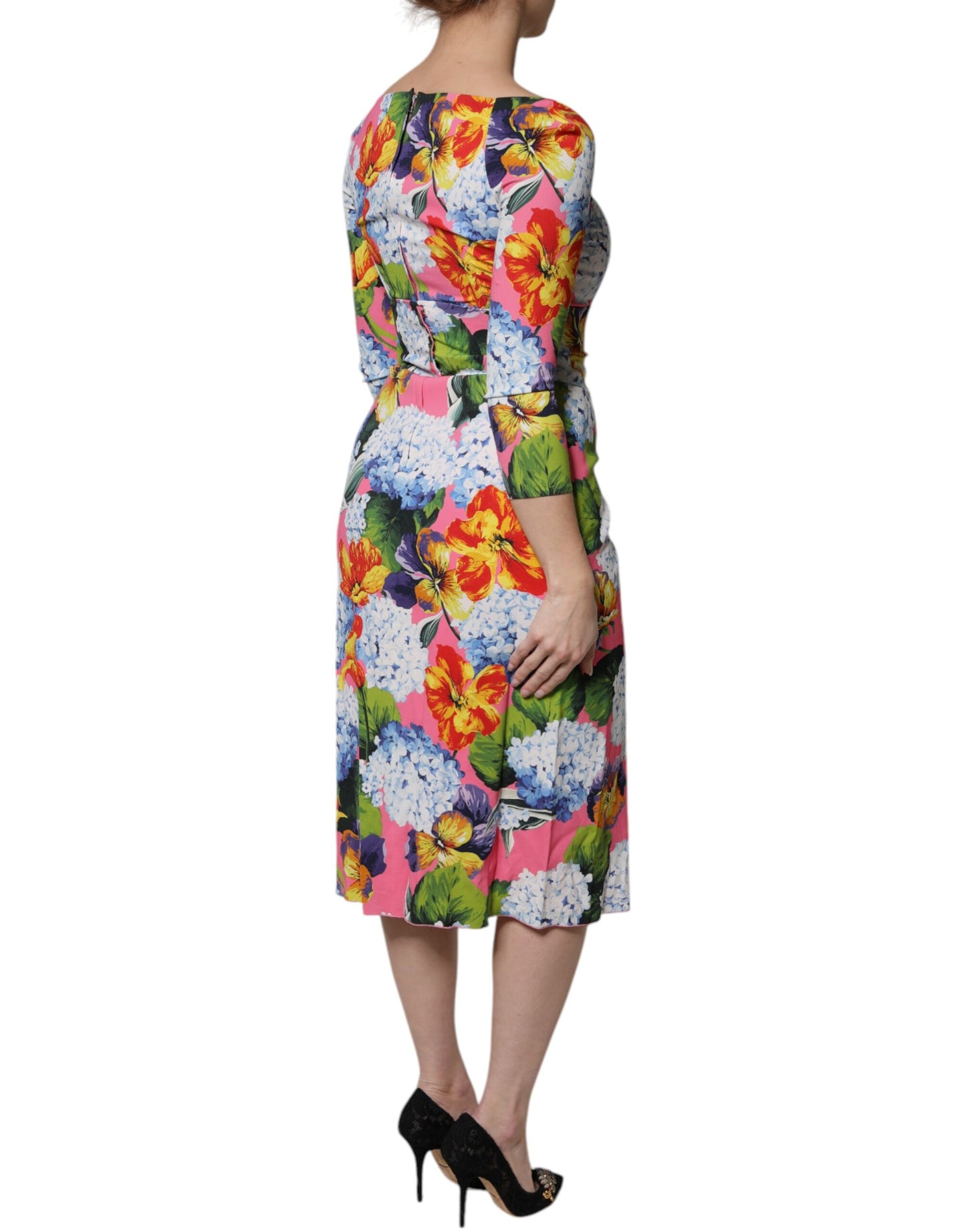 Robe mi-longue fendue sur le côté à fleurs multicolores Dolce & Gabbana