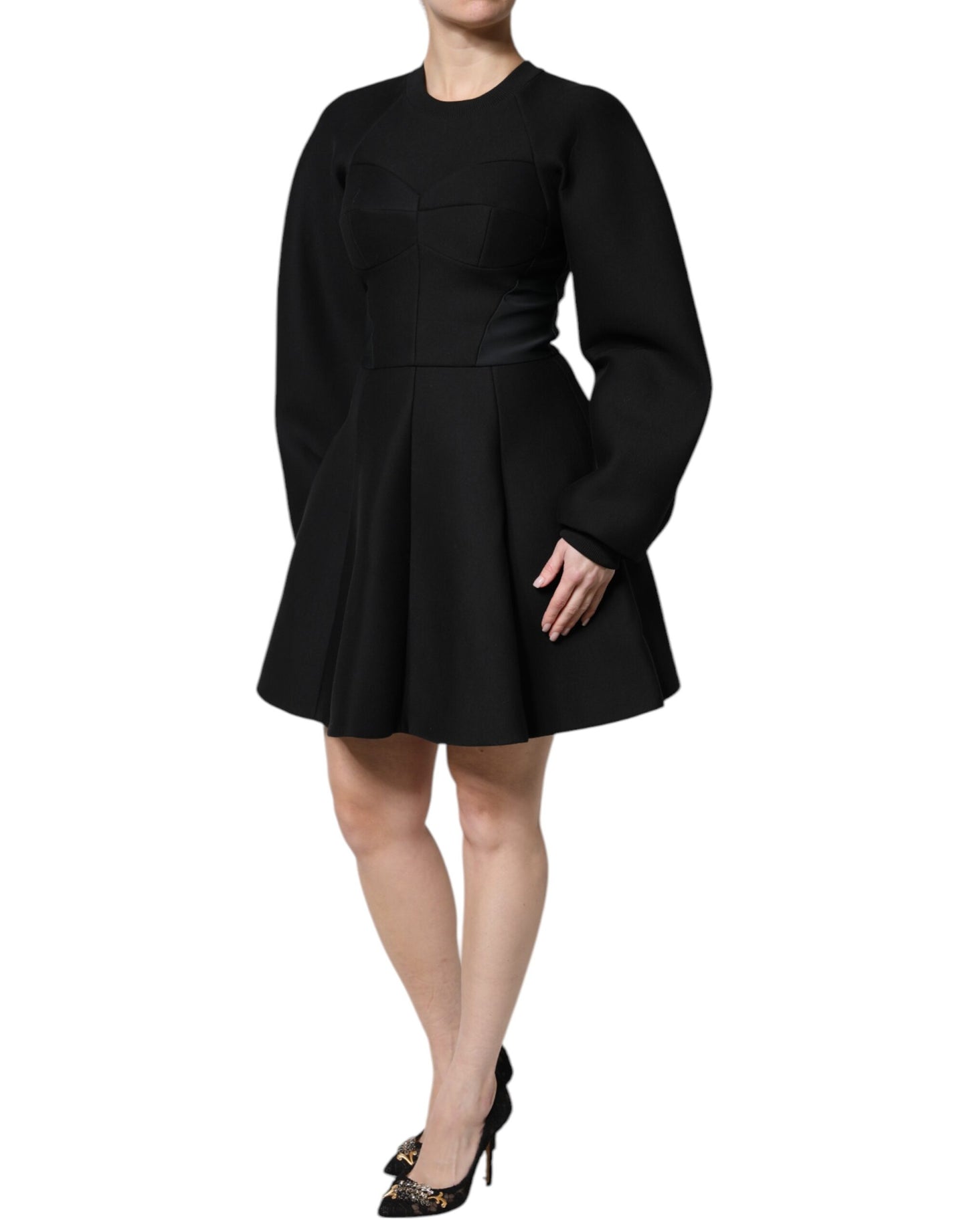 Robe courte trapèze à manches longues en coton noir Dolce & Gabbana