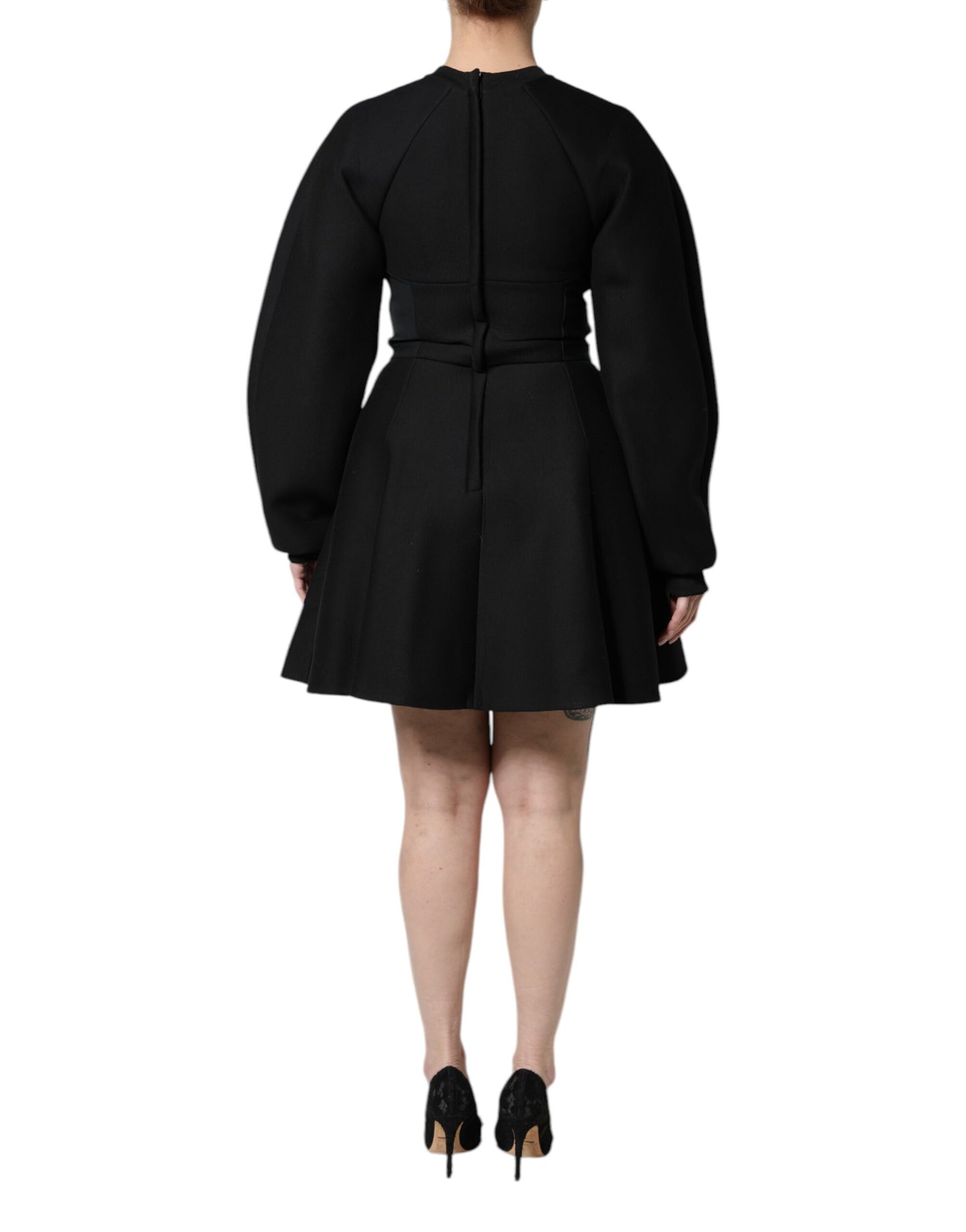 Robe courte trapèze à manches longues en coton noir Dolce & Gabbana