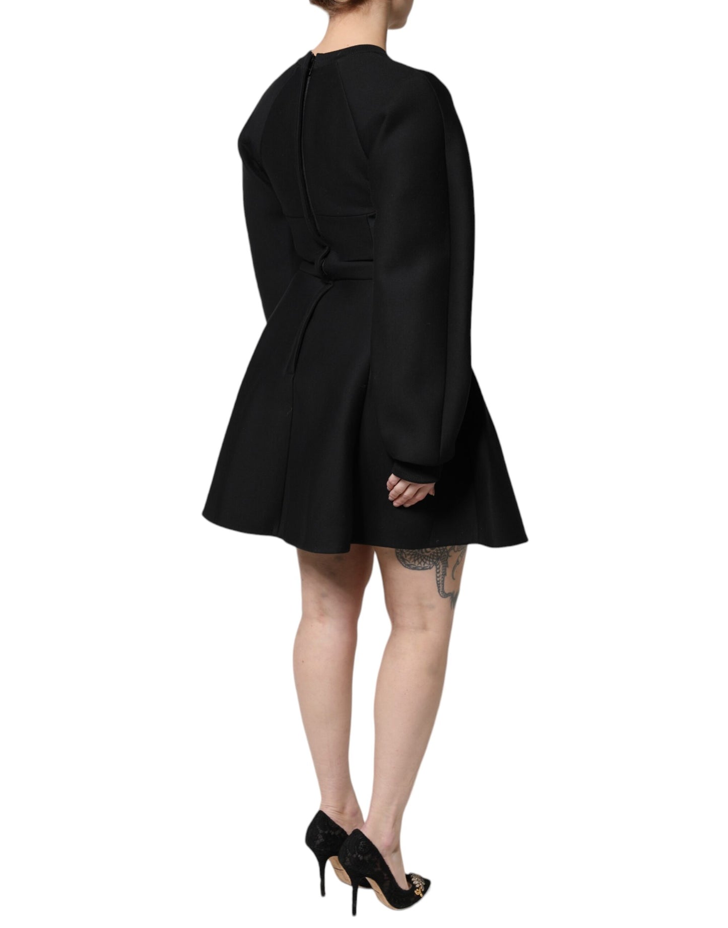 Robe courte trapèze à manches longues en coton noir Dolce & Gabbana