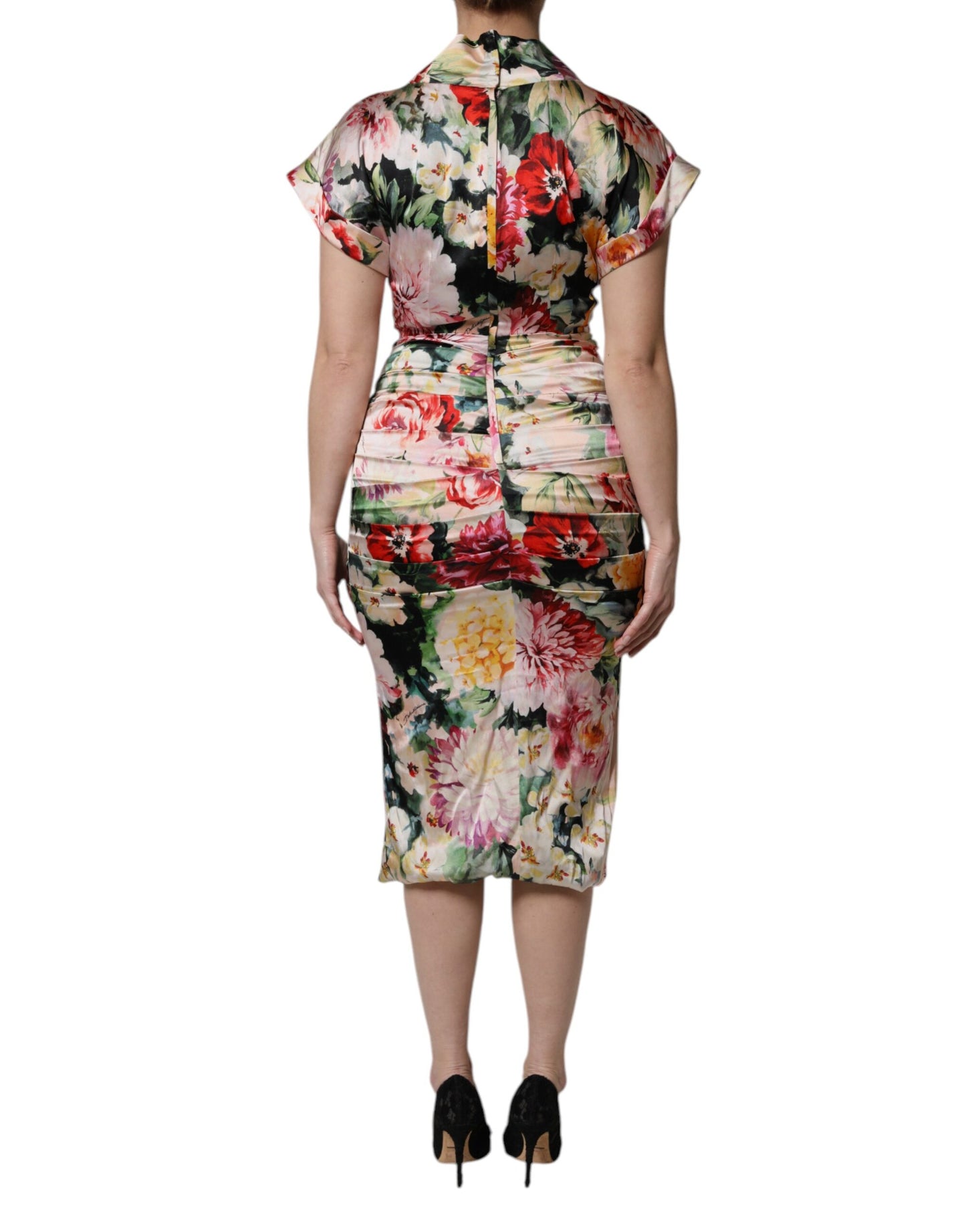 Robe fourreau mi-longue à manches courtes et imprimé floral multicolore Dolce & Gabbana