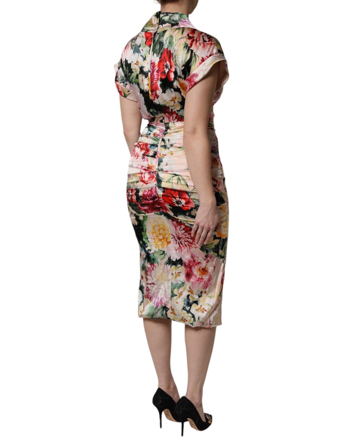 Robe fourreau mi-longue à manches courtes et imprimé floral multicolore Dolce & Gabbana