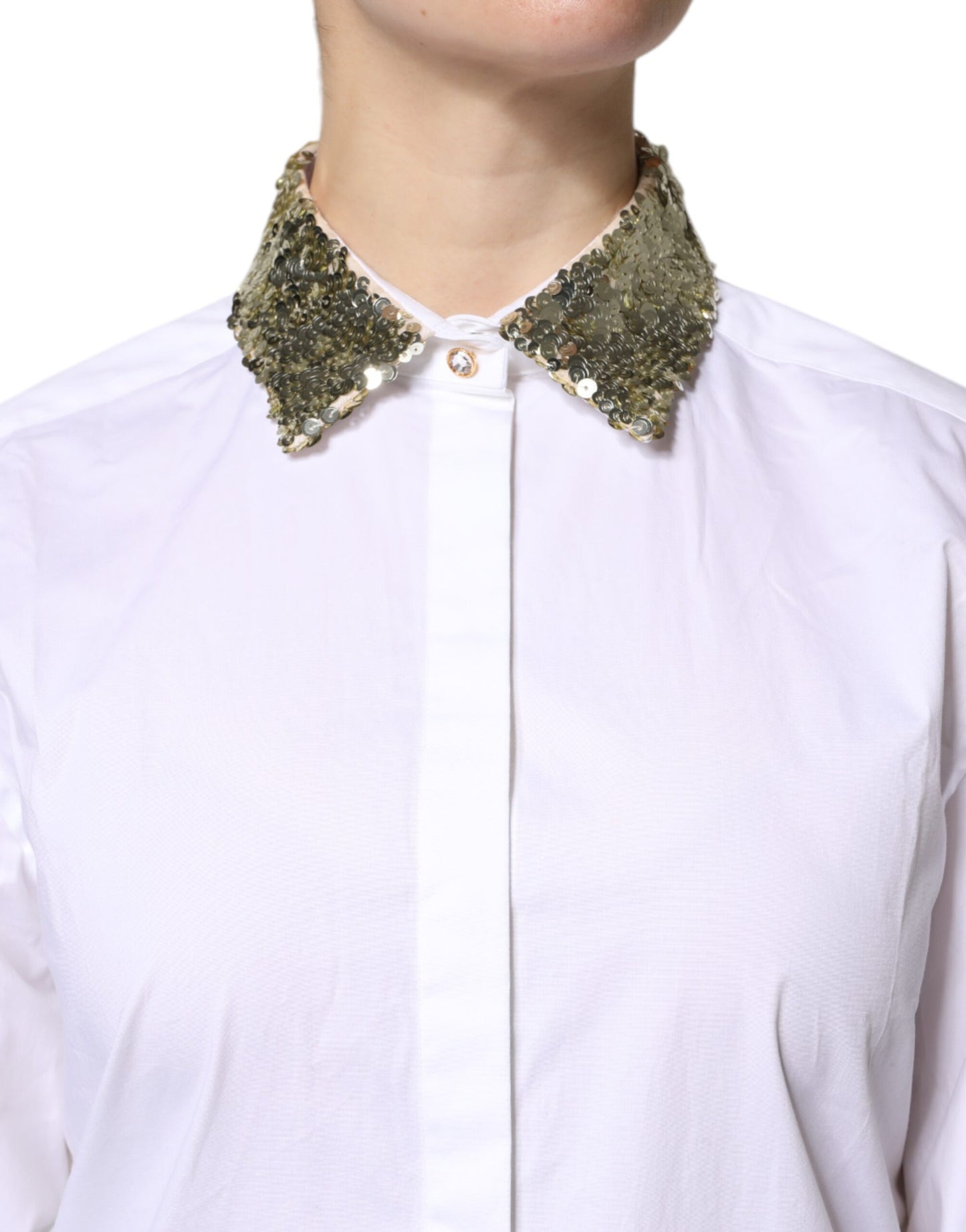 Dolce & Gabbana Haut chemise à manches longues en coton blanc à paillettes
