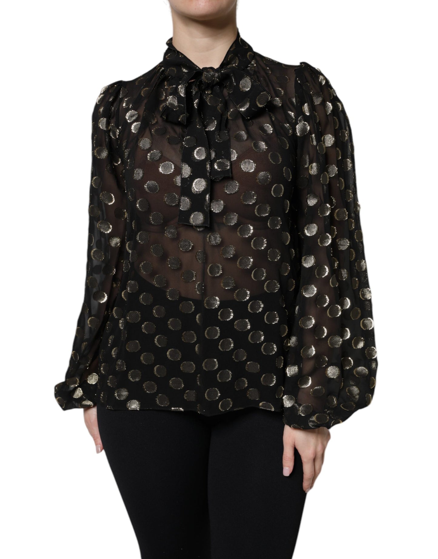 Dolce & Gabbana Black Sheer Tied Neck Polka Dots Blouse Top by Dolce & Gabbana