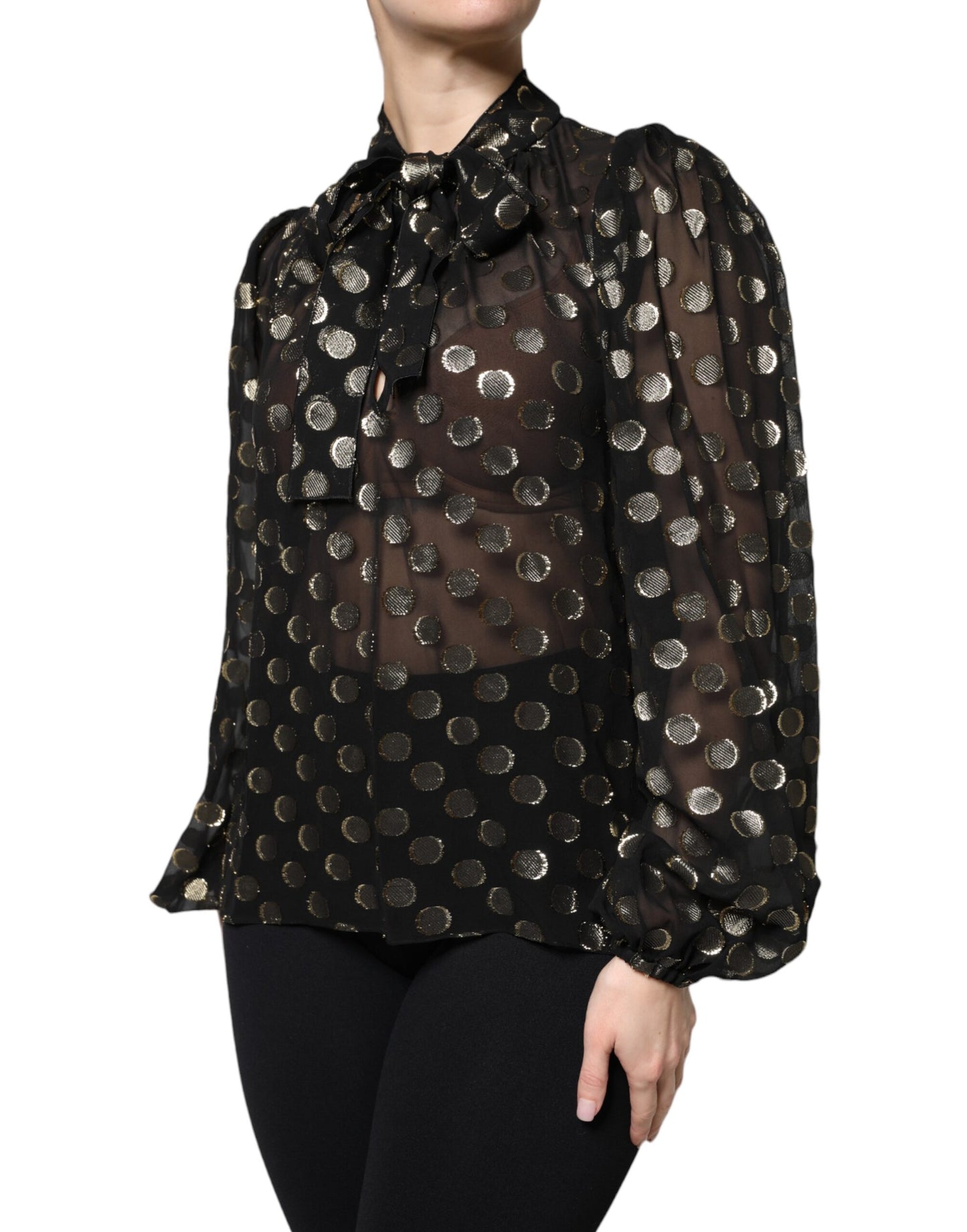Dolce & Gabbana Black Sheer Tied Neck Polka Dots Blouse Top by Dolce & Gabbana