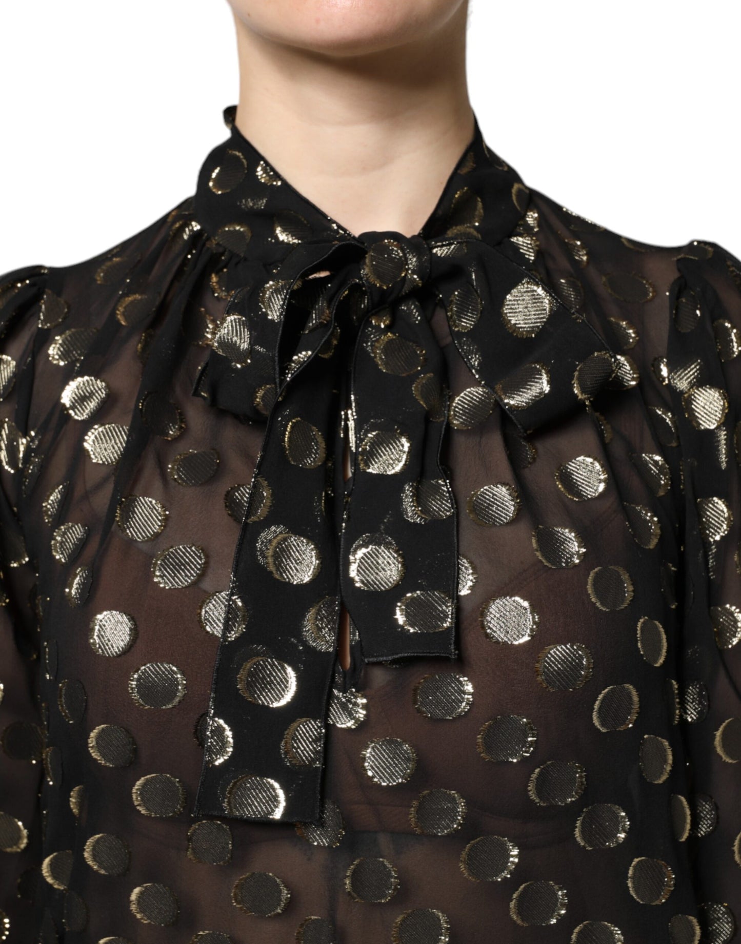 Dolce & Gabbana Black Sheer Tied Neck Polka Dots Blouse Top by Dolce & Gabbana