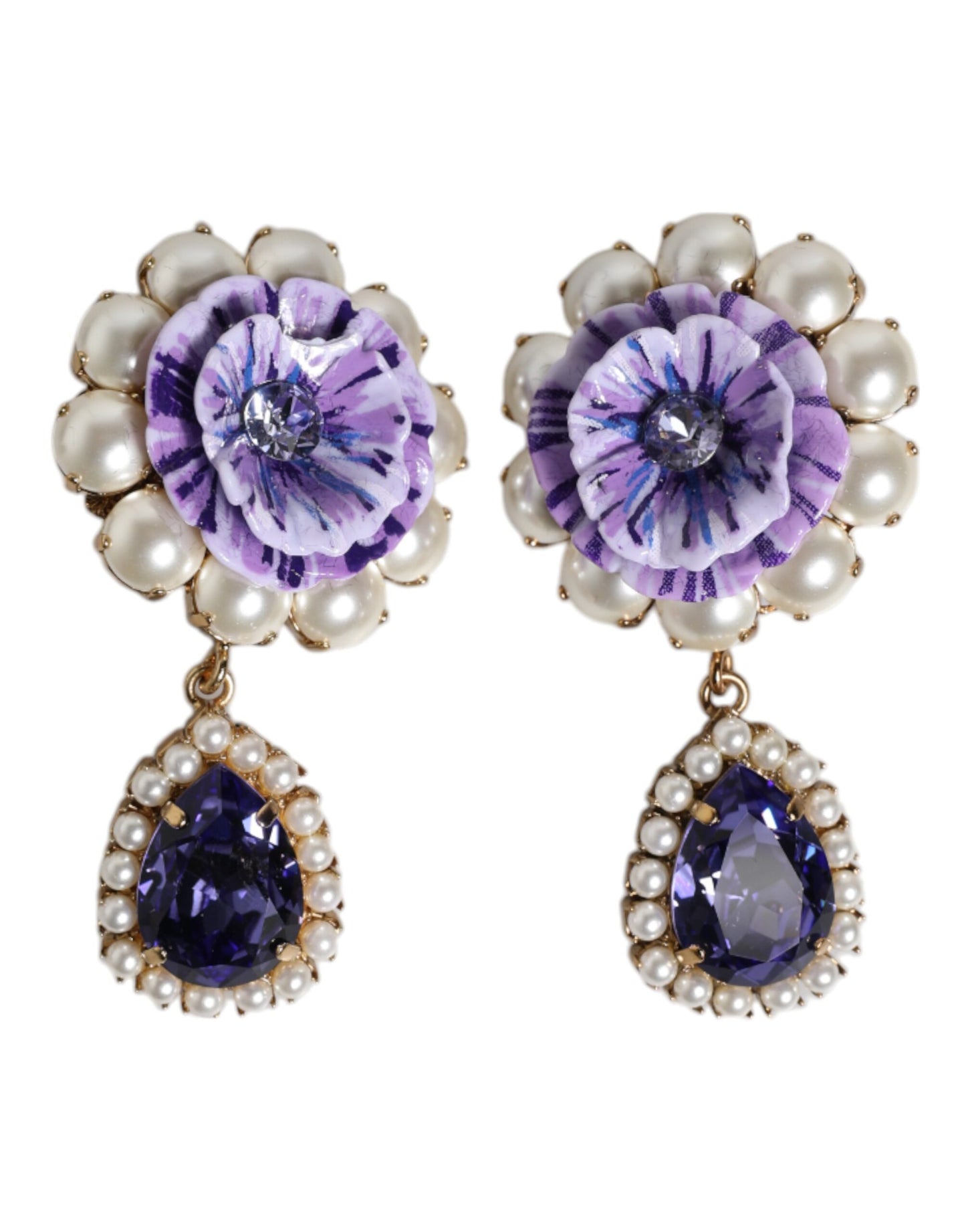 Boucles d'oreilles à clip Dolce & Gabbana en forme de fleur violette et de perles en forme de larme