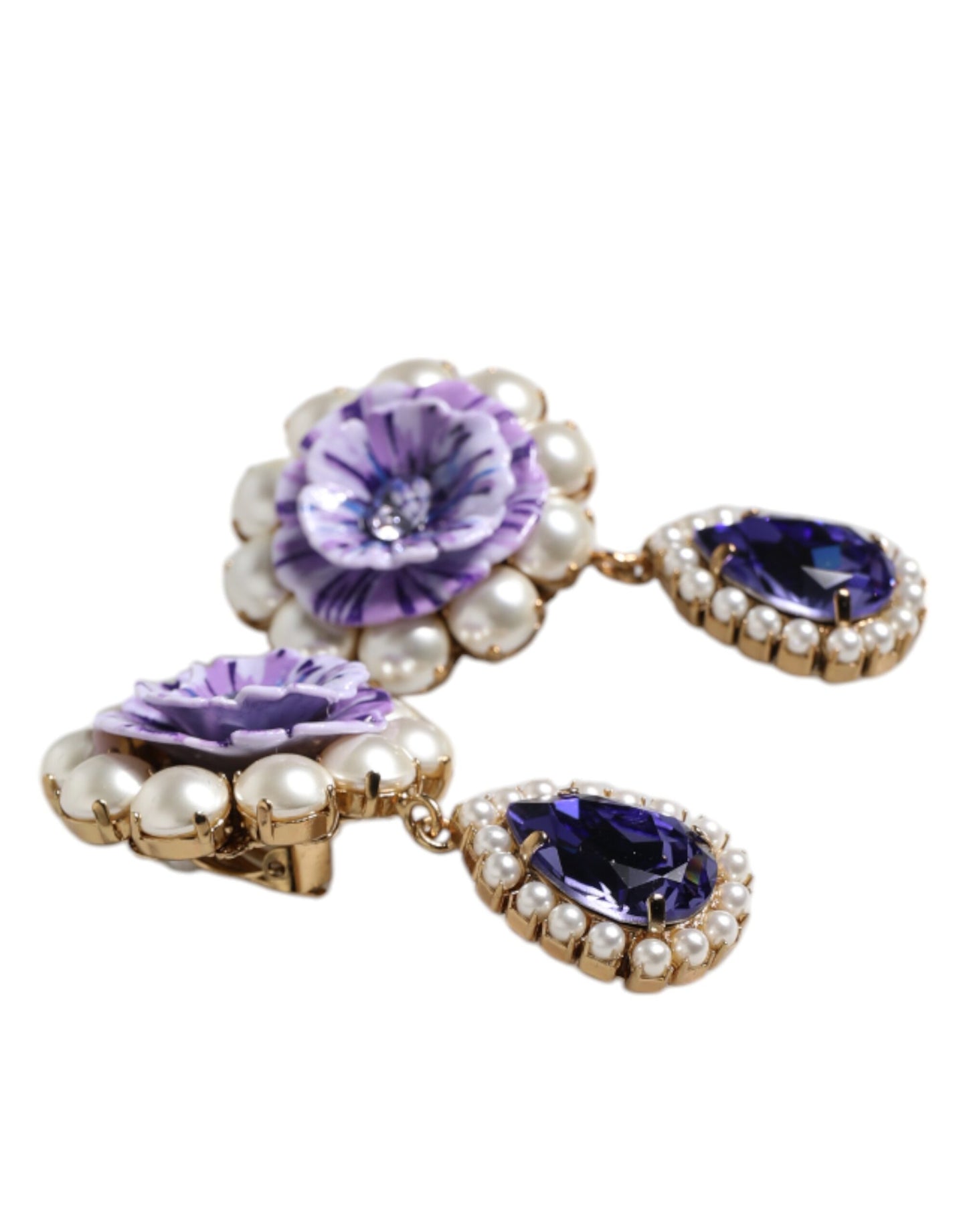 Boucles d'oreilles à clip Dolce & Gabbana en forme de fleur violette et de perles en forme de larme