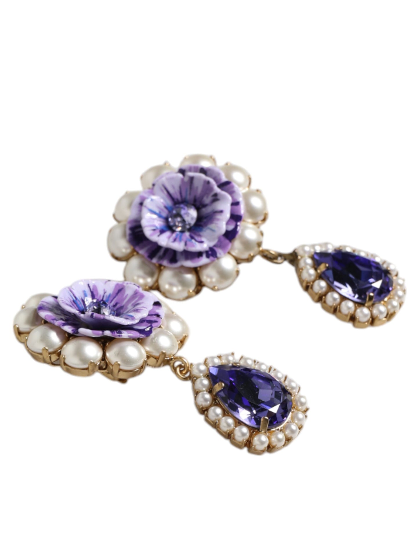 Boucles d'oreilles à clip Dolce & Gabbana en forme de fleur violette et de perles en forme de larme