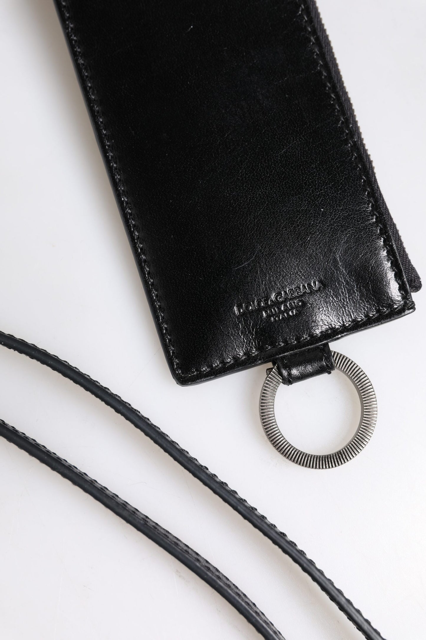 Dolce & Gabbana Black Leather Logo Embossed Lanyard Card Holder Wallet by Dolce & Gabbana