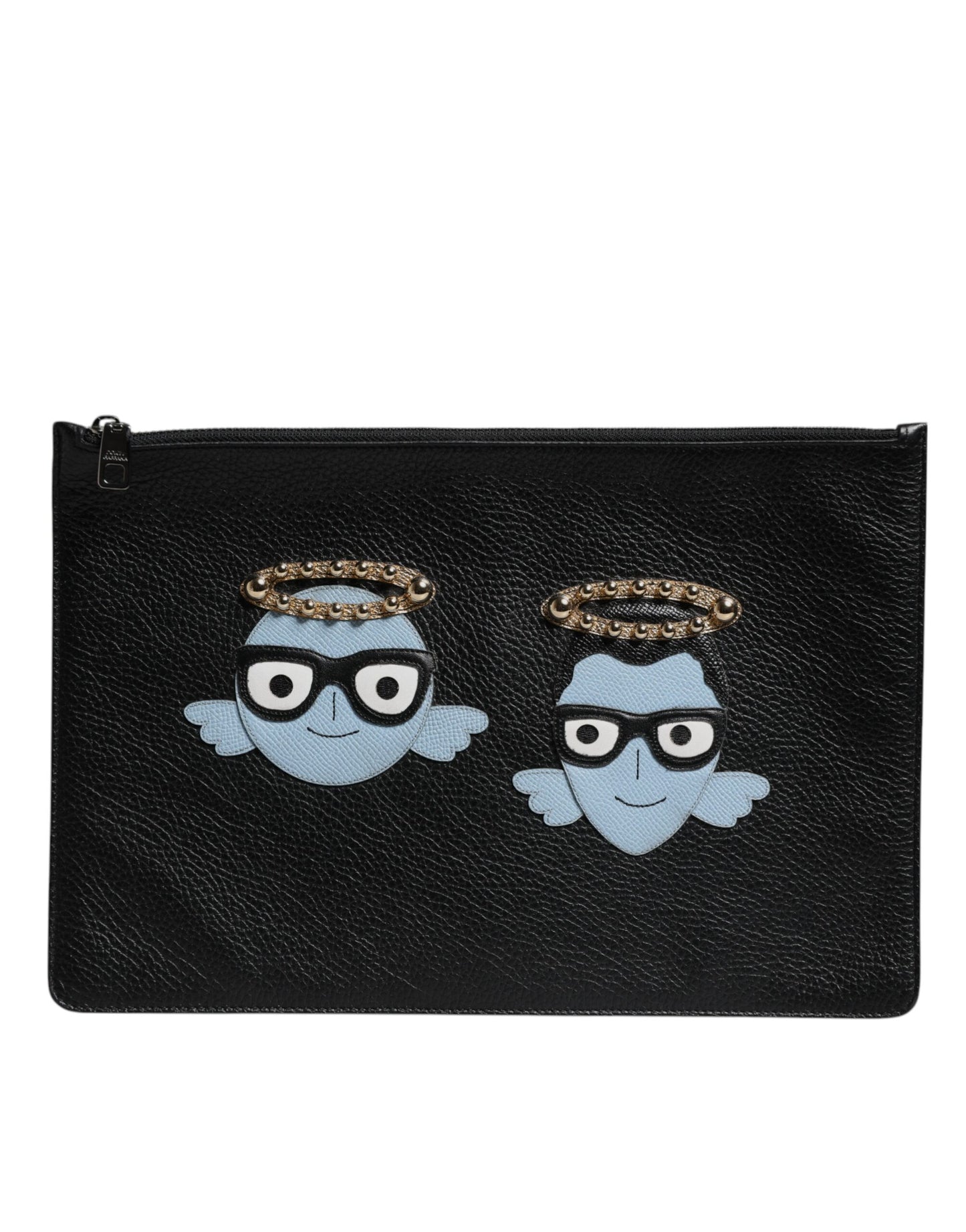 Dolce & Gabbana Black Leather #DGFAMILY Embellished Men Zip Pouch Bag by Dolce & Gabbana
