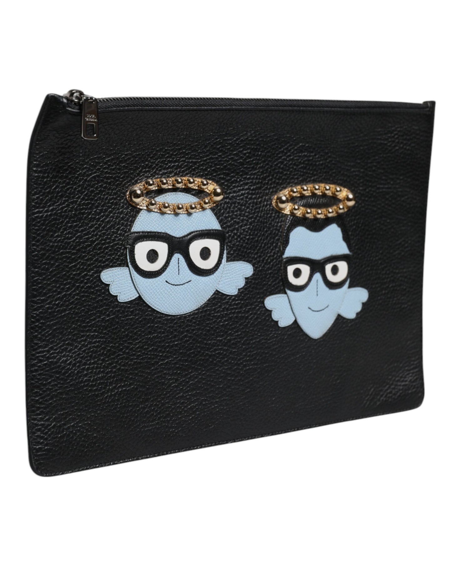 Dolce & Gabbana Black Leather #DGFAMILY Embellished Men Zip Pouch Bag by Dolce & Gabbana