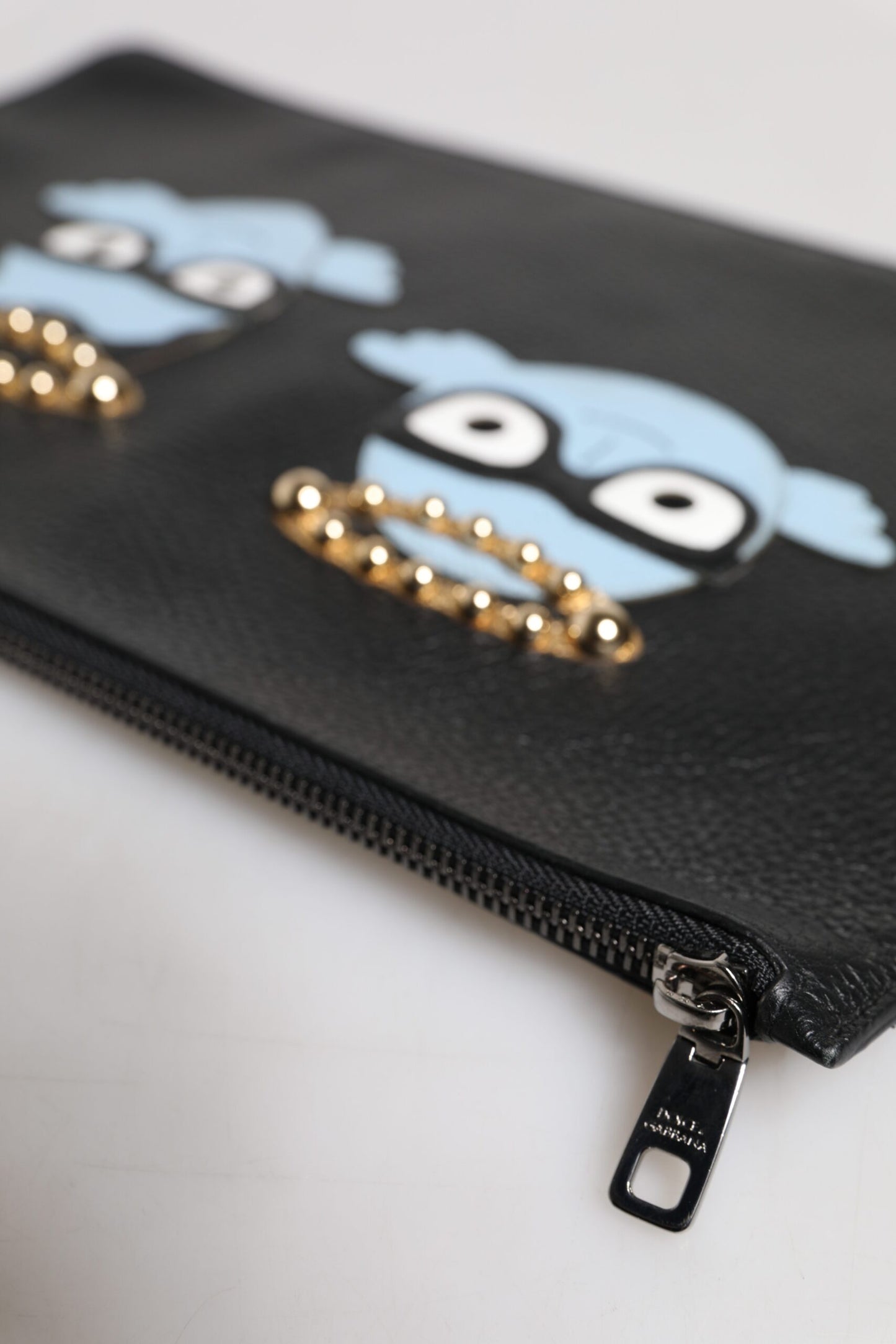 Dolce & Gabbana Black Leather #DGFAMILY Embellished Men Zip Pouch Bag by Dolce & Gabbana