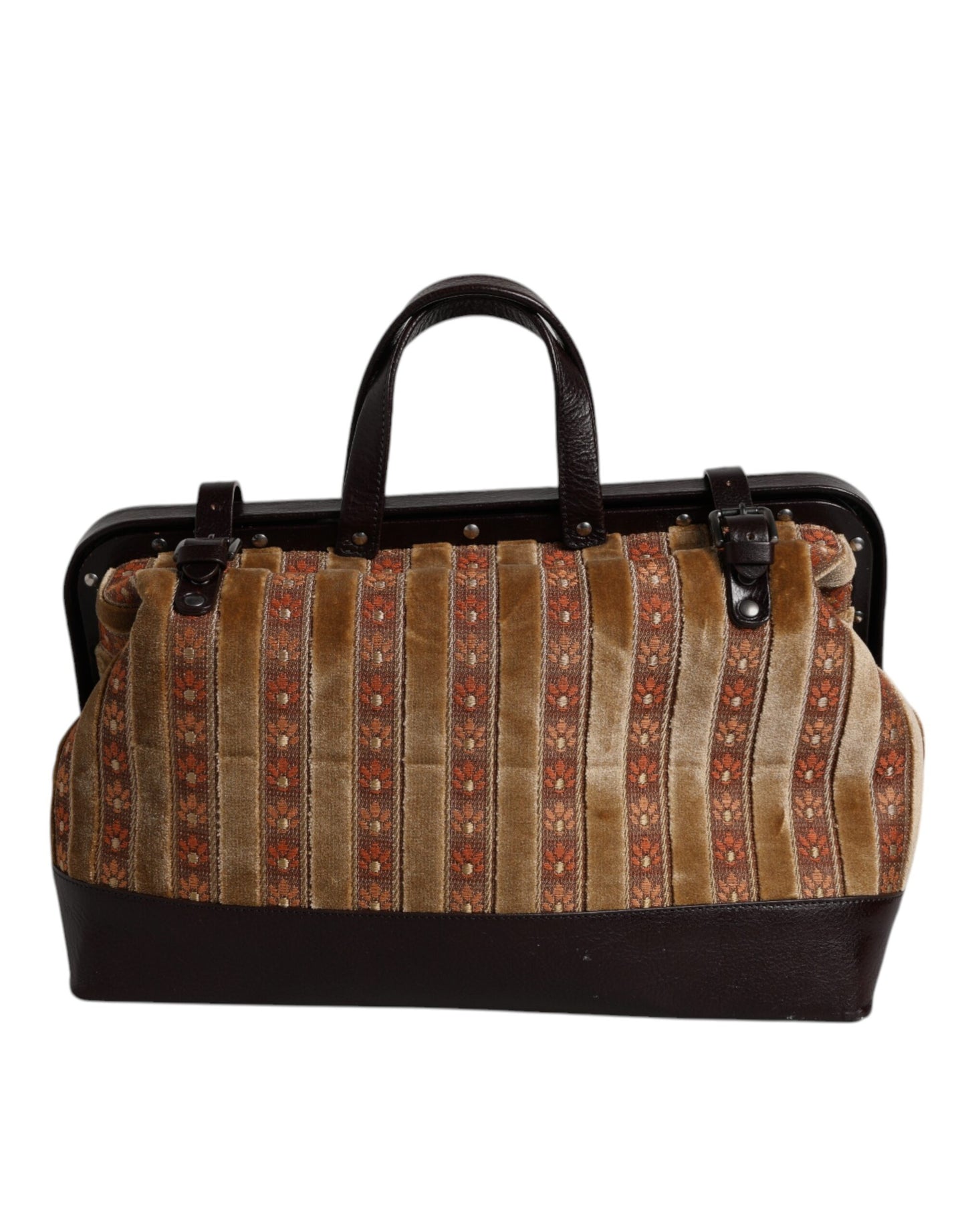 Sac à main de voyage Dolce & Gabbana en velours beige et cuir jacquard marron