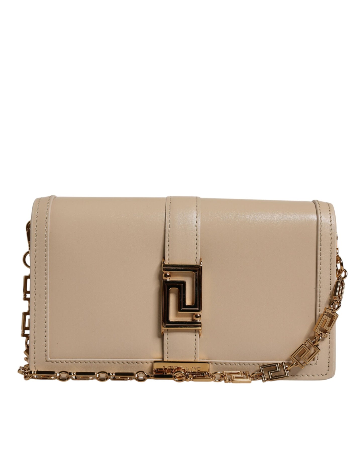 Sac bandoulière portefeuille Versace en cuir de veau beige avec chaîne dorée
