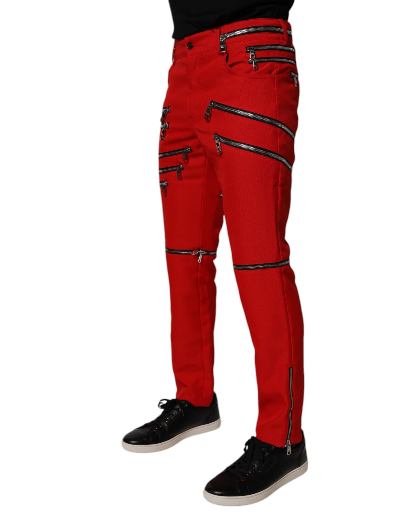 Dolce & Gabbana Red Zipper Embellished Straight Pants by Dolce & Gabbana