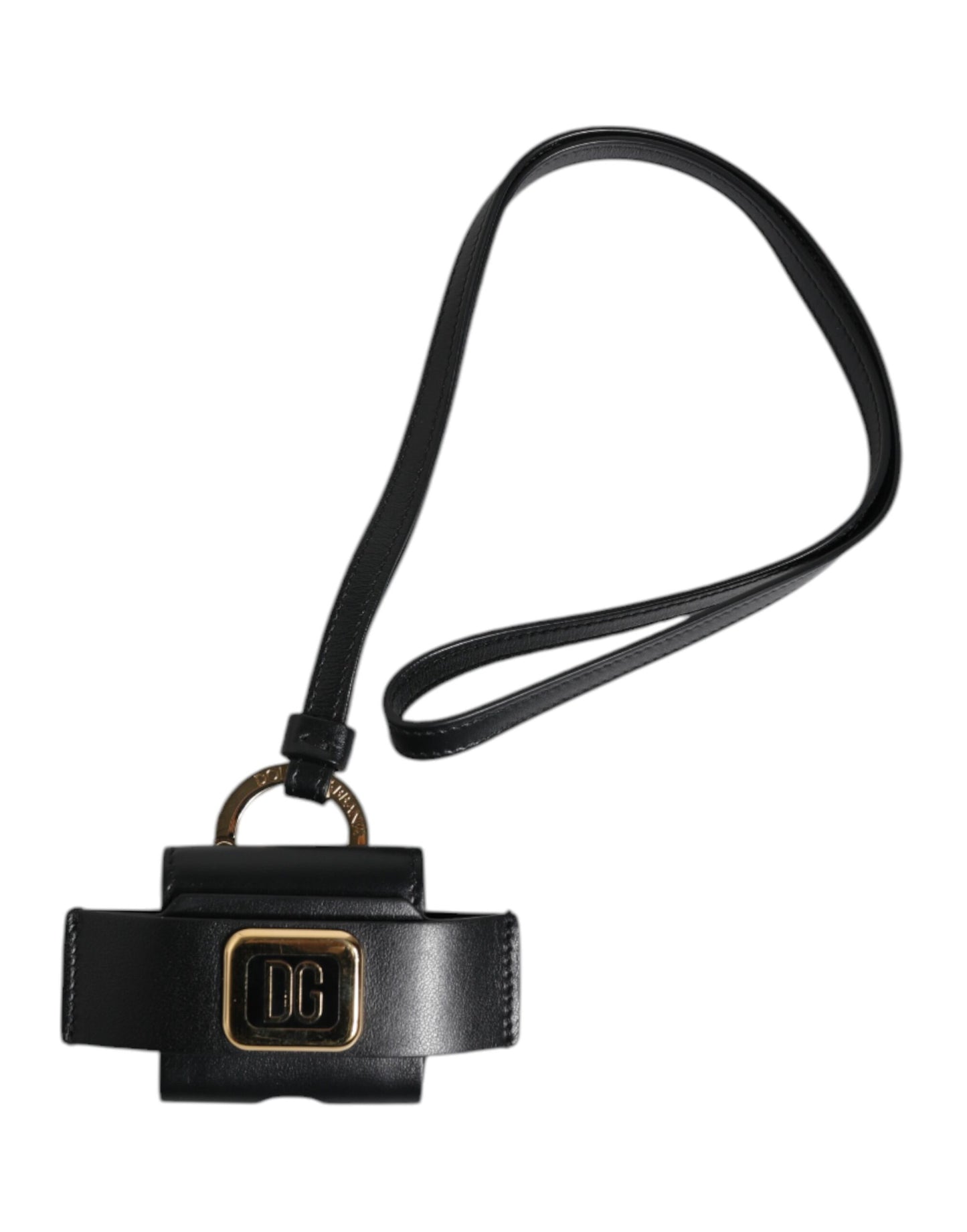 Étui pour Airpods Dolce & Gabbana avec bracelet en cuir noir et plaque logo en métal doré