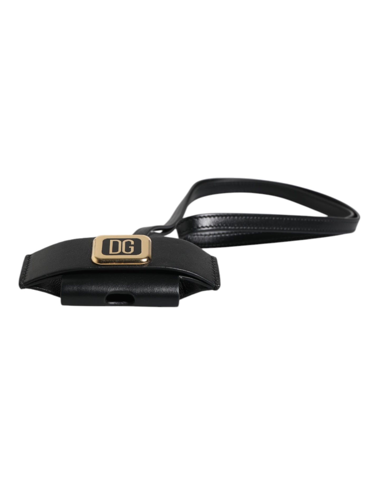 Étui pour Airpods Dolce & Gabbana avec bracelet en cuir noir et plaque logo en métal doré
