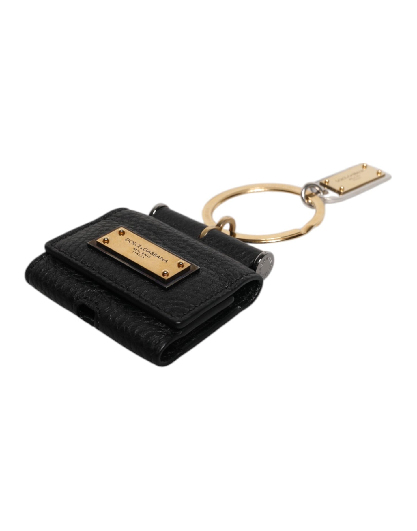 Étui pour Airpods Dolce & Gabbana avec bracelet en cuir noir et plaque logo en métal doré