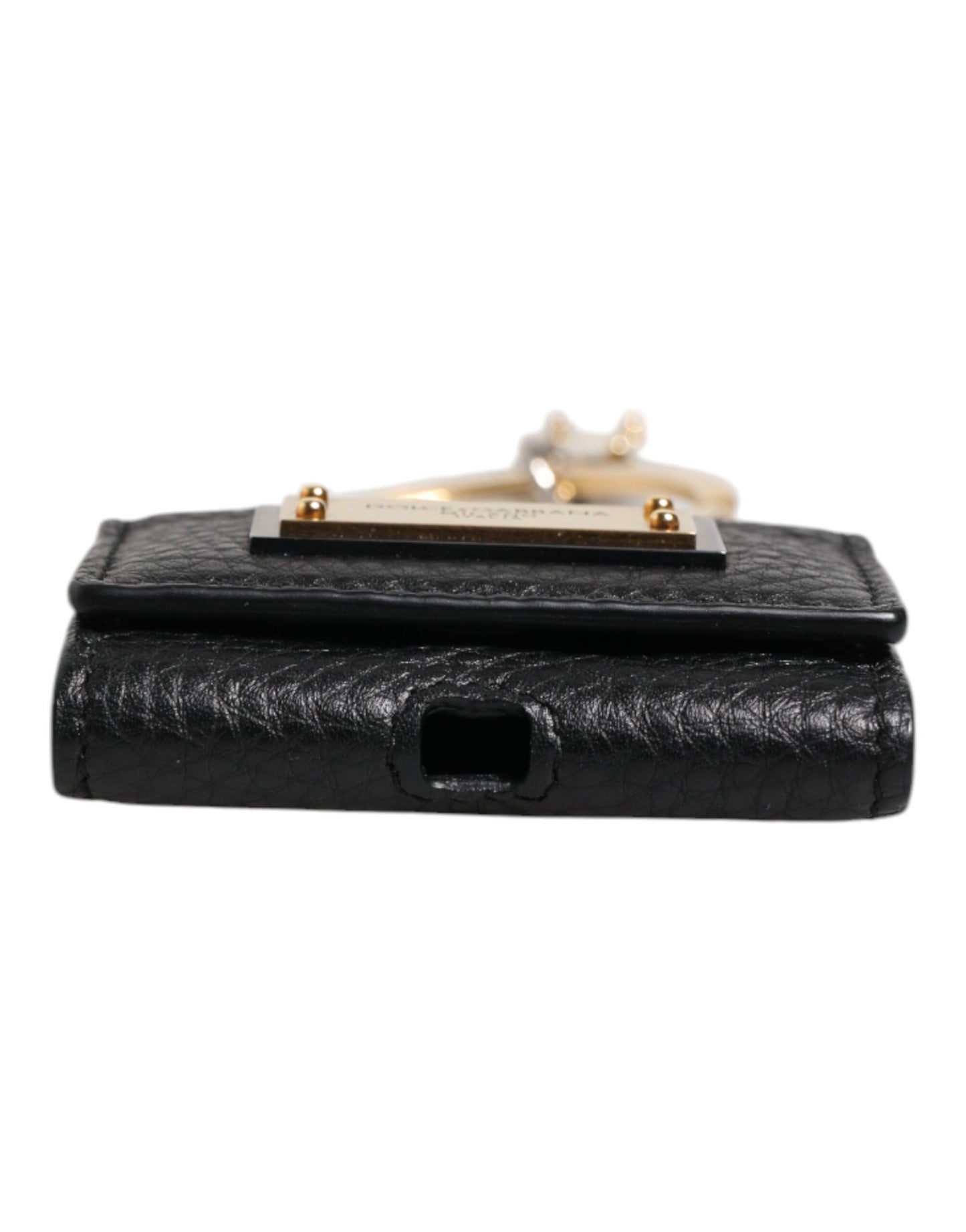 Étui pour Airpods Dolce & Gabbana avec bracelet en cuir noir et plaque logo en métal doré