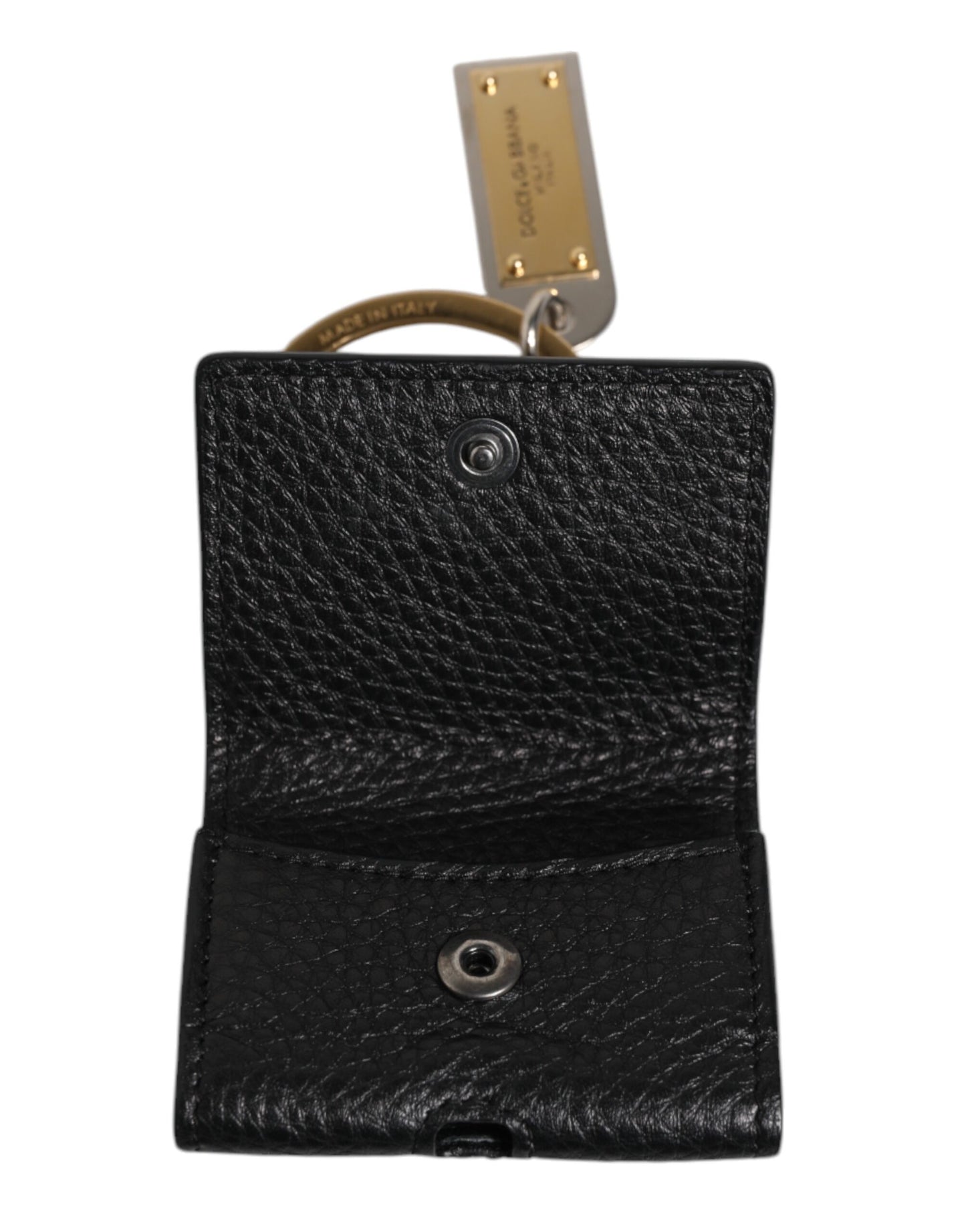 Étui pour Airpods Dolce & Gabbana avec bracelet en cuir noir et plaque logo en métal doré