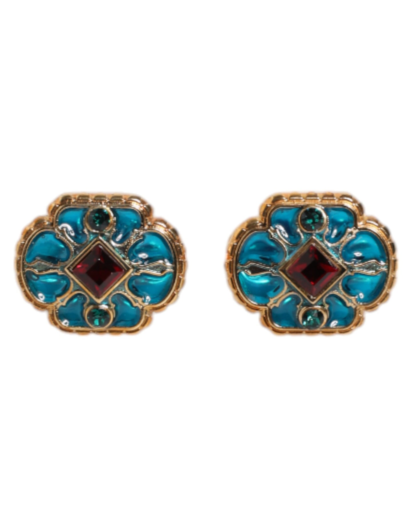 Boutons de manchette Dolce & Gabbana en laiton doré et émail bleu à fleurs
