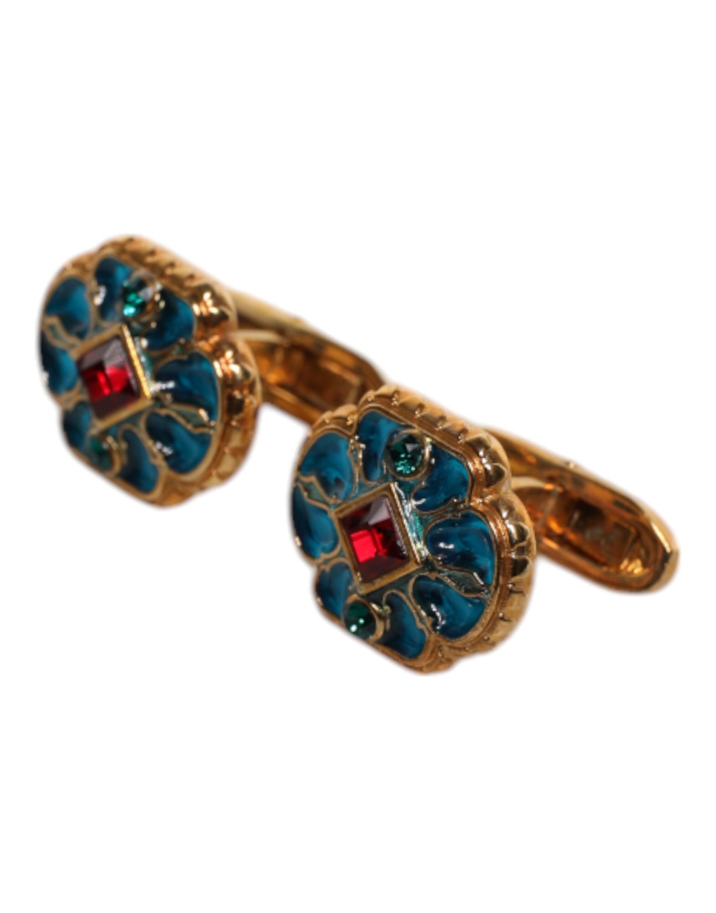 Boutons de manchette Dolce & Gabbana en laiton doré et émail bleu à fleurs