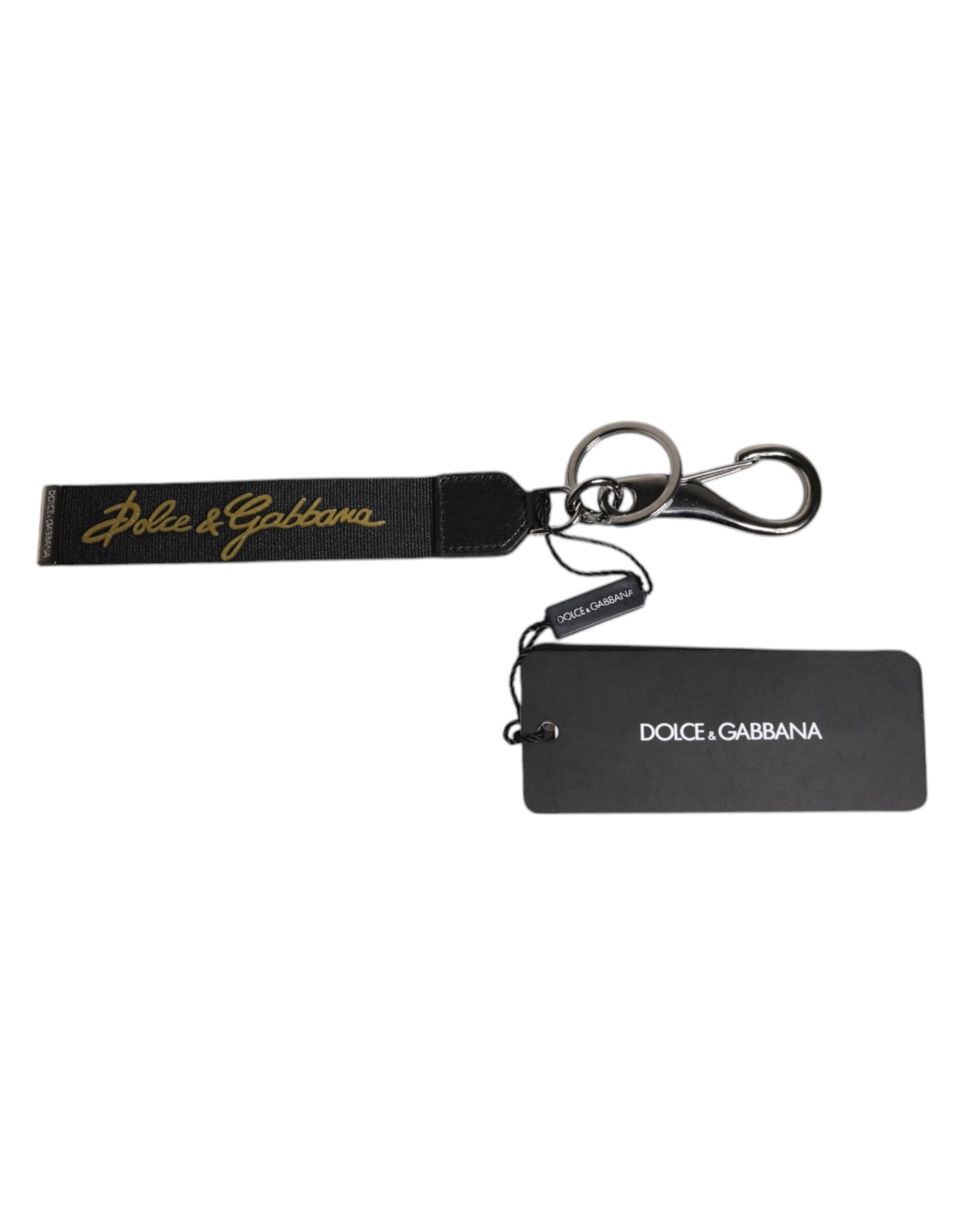 Porte-clés homme Dolce & Gabbana en nylon et laiton argenté avec logo noir