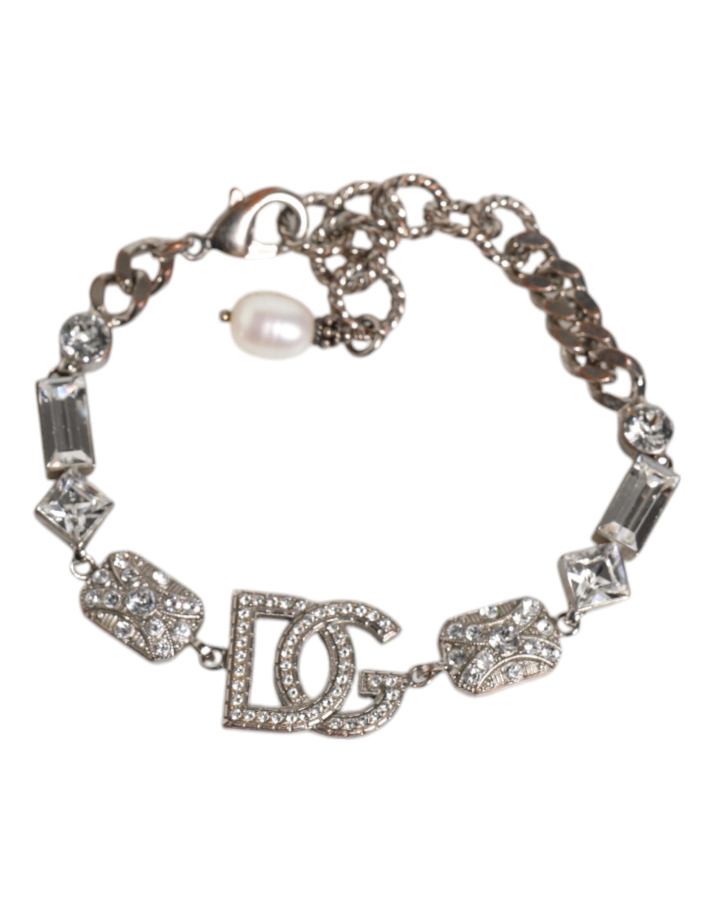 Dolce & Gabbana Silver Brass Crystal DG Logo Charm Bracelet