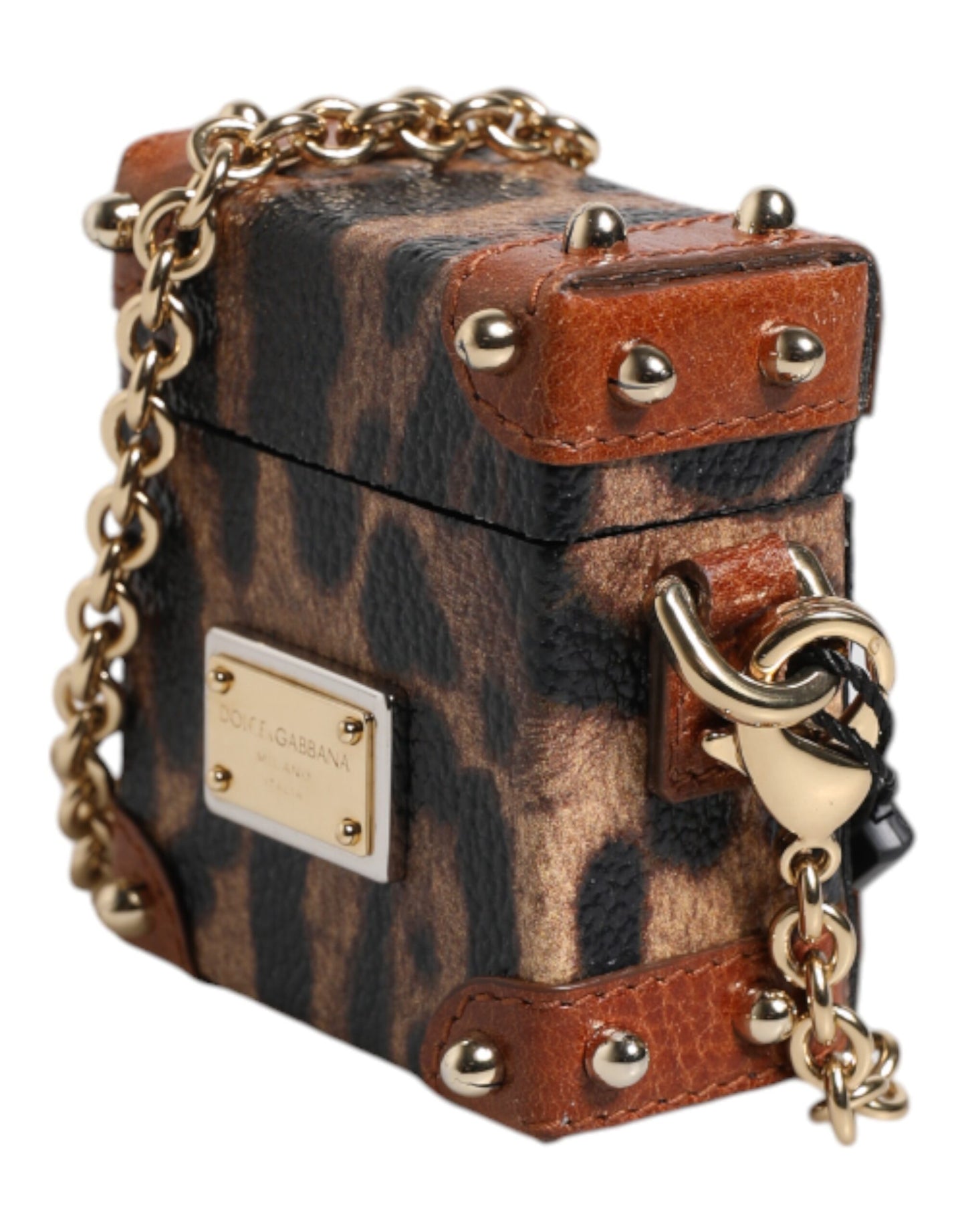 Étui pour Airpods Dolce & Gabbana avec plaque en métal léopard marron et chaîne dorée