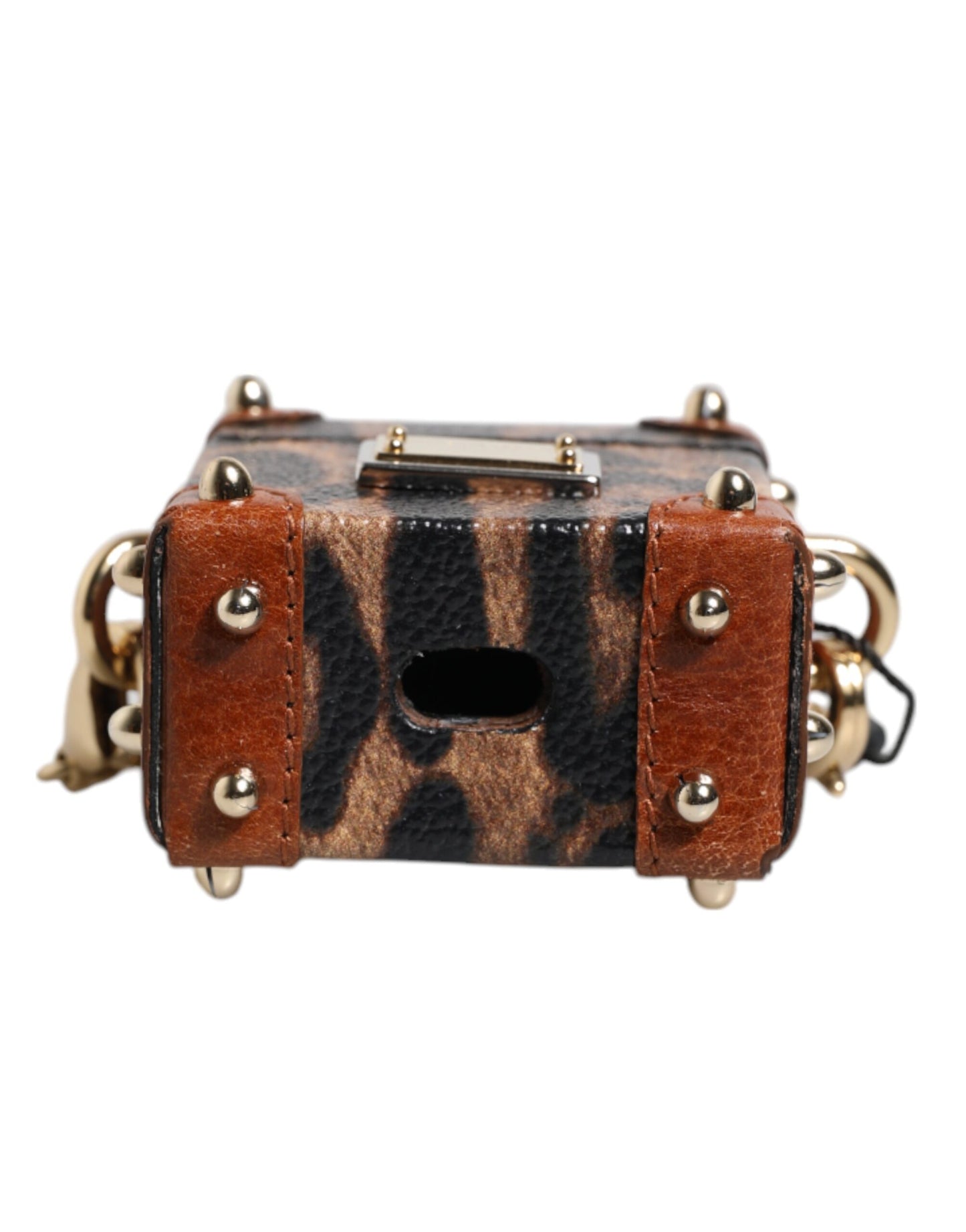 Étui pour Airpods Dolce & Gabbana avec plaque en métal léopard marron et chaîne dorée