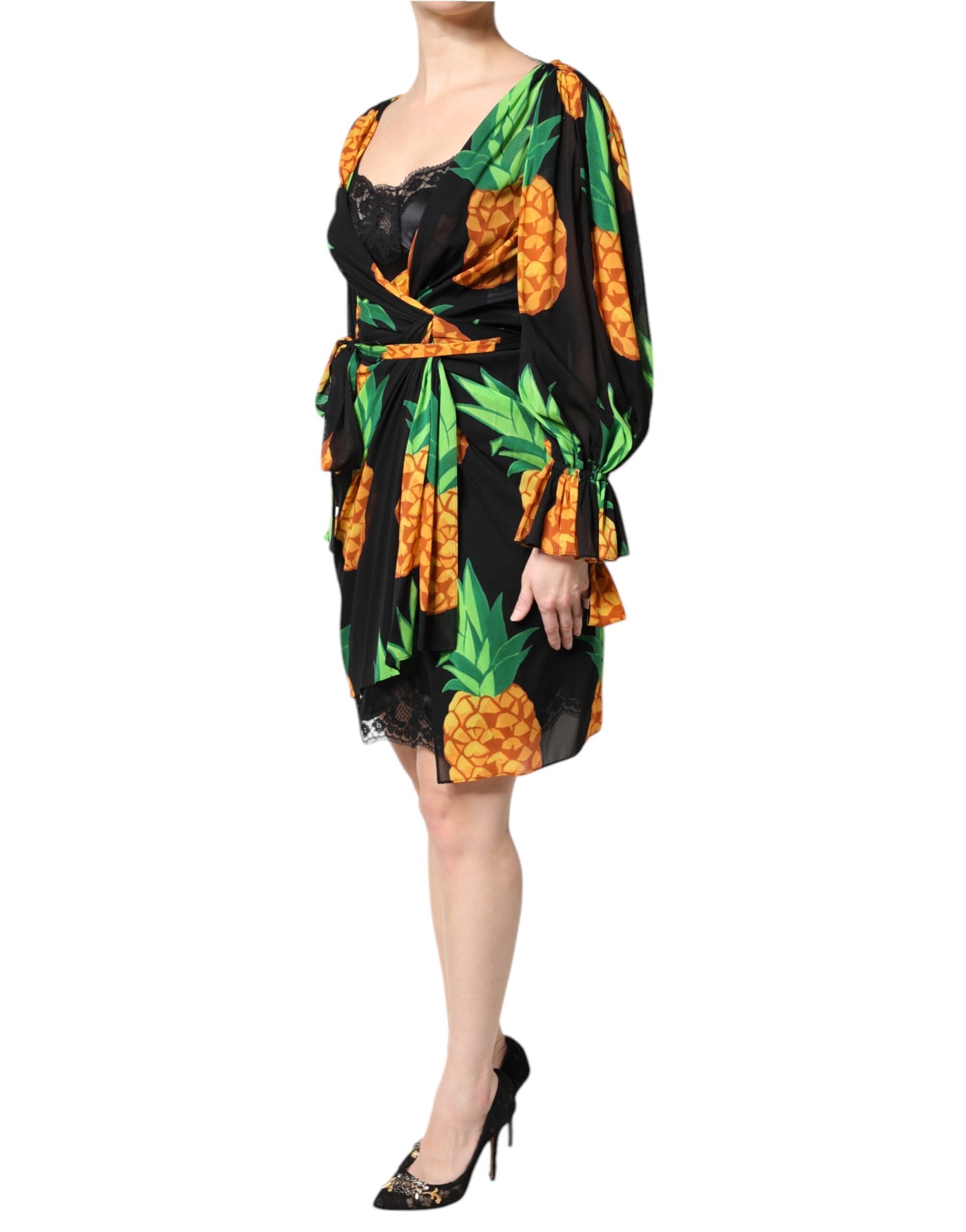 Robe portefeuille drapée en soie noire à imprimé ananas Dolce & Gabbana