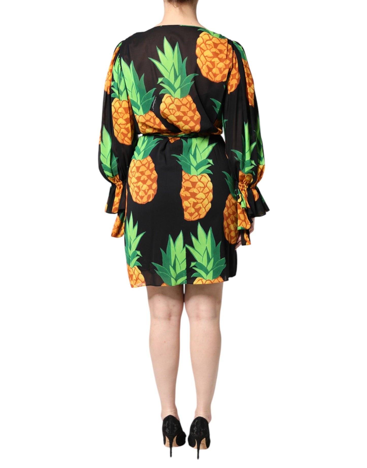Robe portefeuille drapée en soie noire à imprimé ananas Dolce & Gabbana