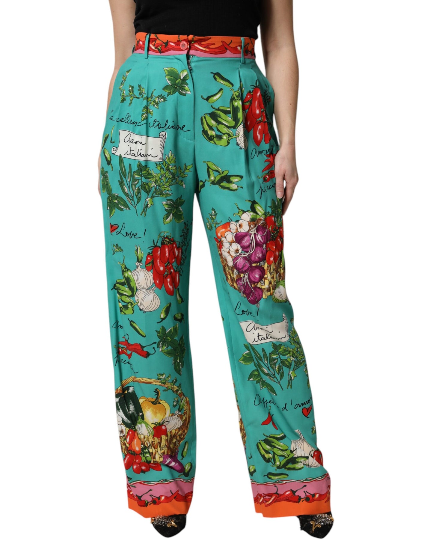 Dolce & Gabbana Green Silk Printed Straight Pants by Dolce & Gabbana