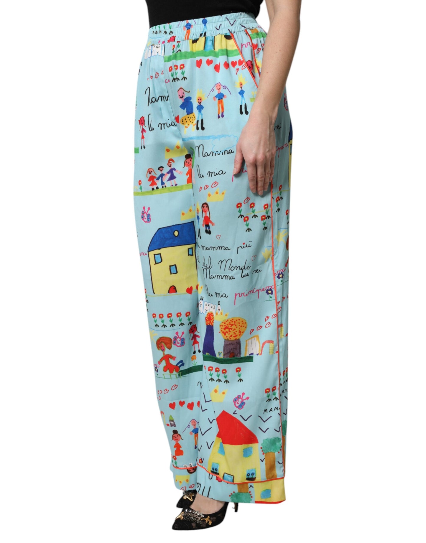 Dolce & Gabbana Light Blue Drawing Mid Waist Wide Leg Pants by Dolce & Gabbana
