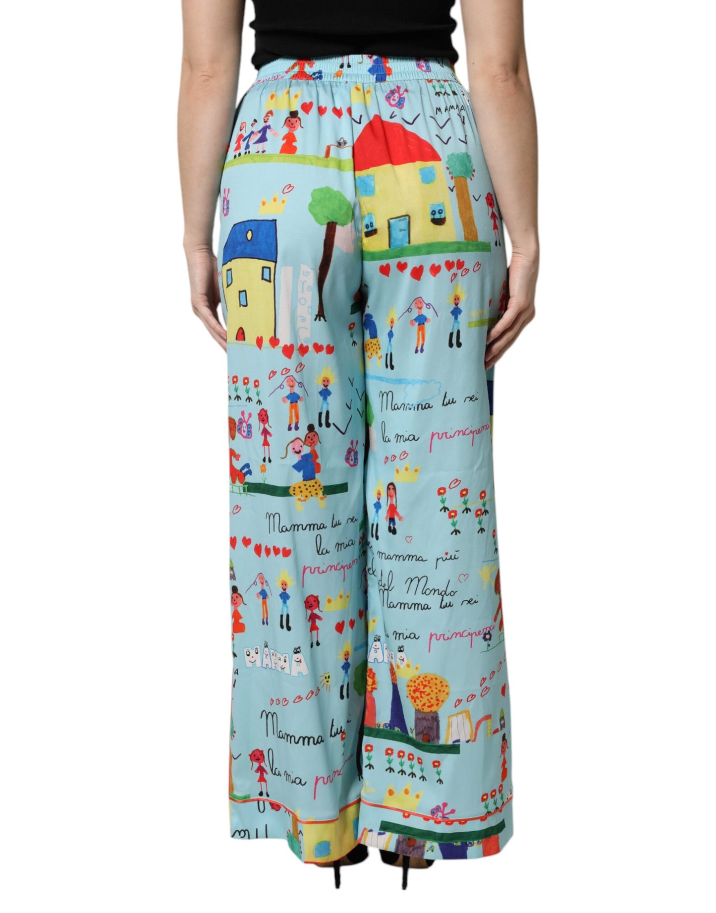 Dolce & Gabbana Light Blue Drawing Mid Waist Wide Leg Pants by Dolce & Gabbana