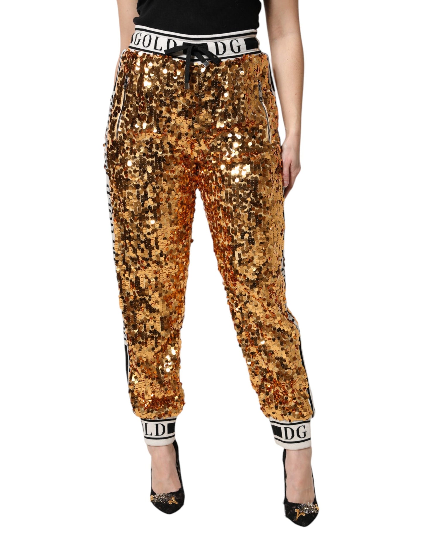 Dolce & Gabbana Metallic Gold DG Logo Sequined Jogger Pants by Dolce & Gabbana
