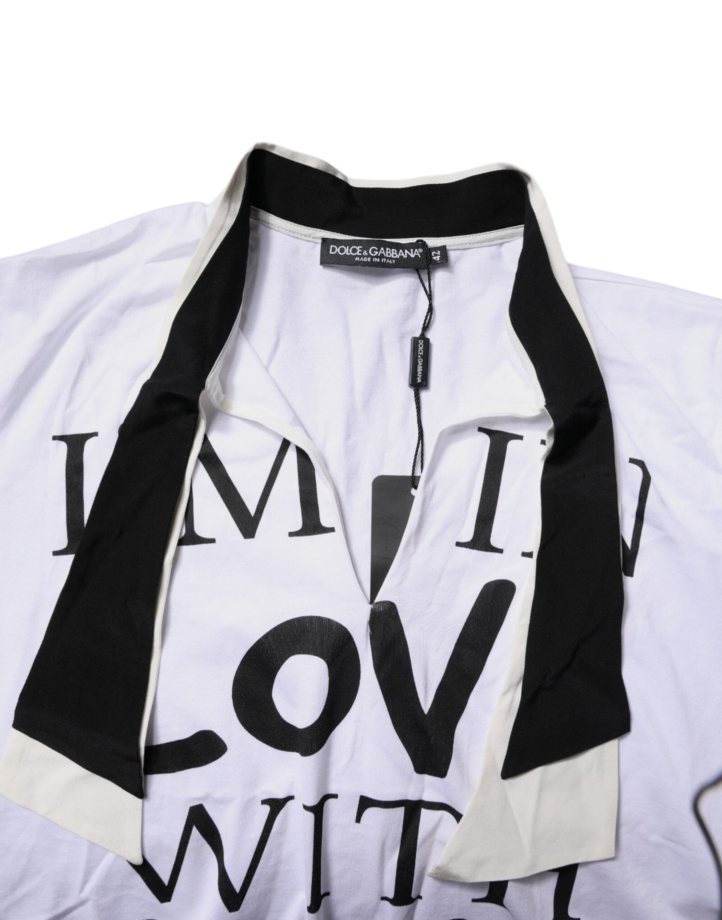 T-shirt col Ascot en coton et soie mélangés blanc Dolce & Gabbana