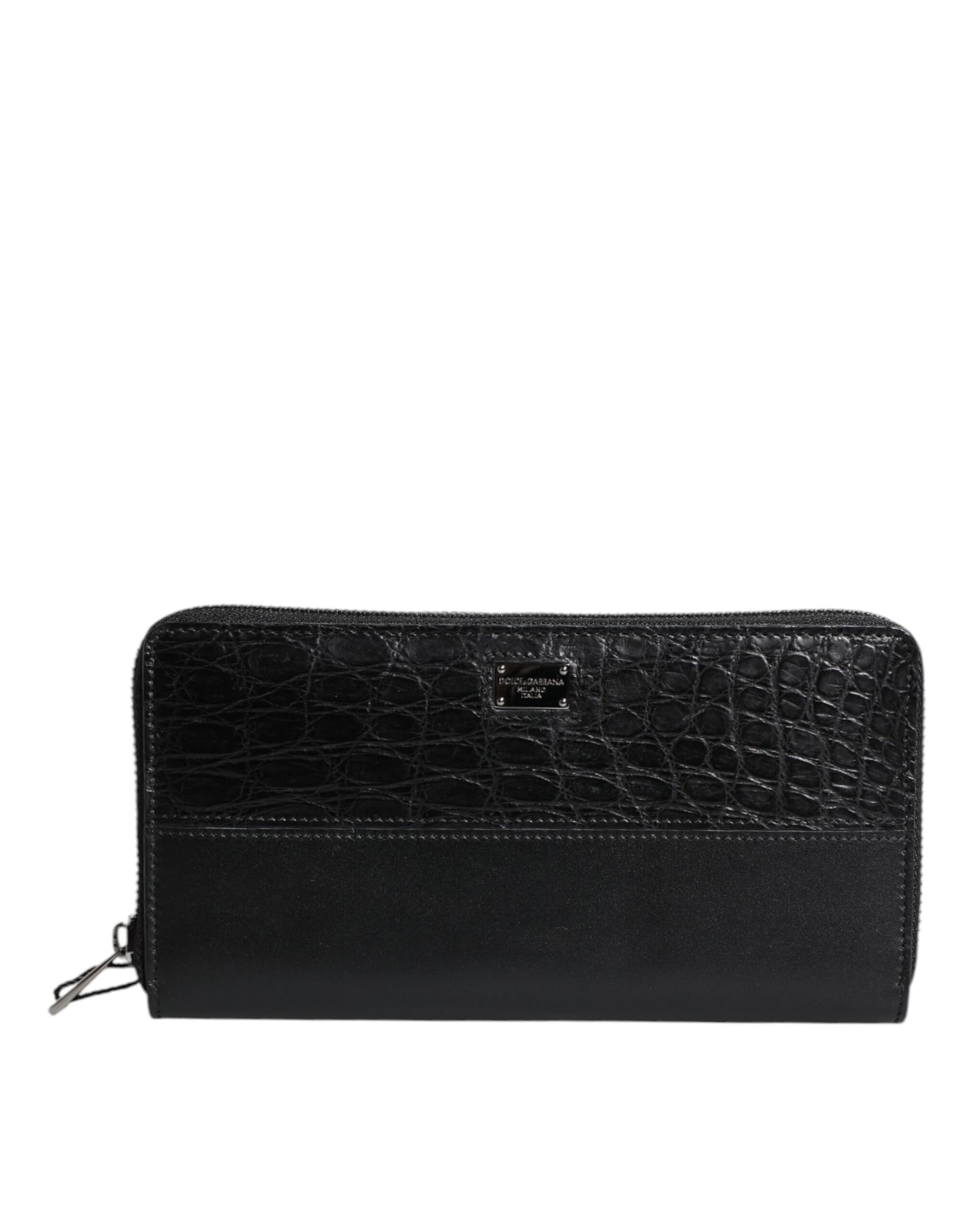 Portefeuille continental zippé en cuir noir Dolce & Gabbana avec plaque logo