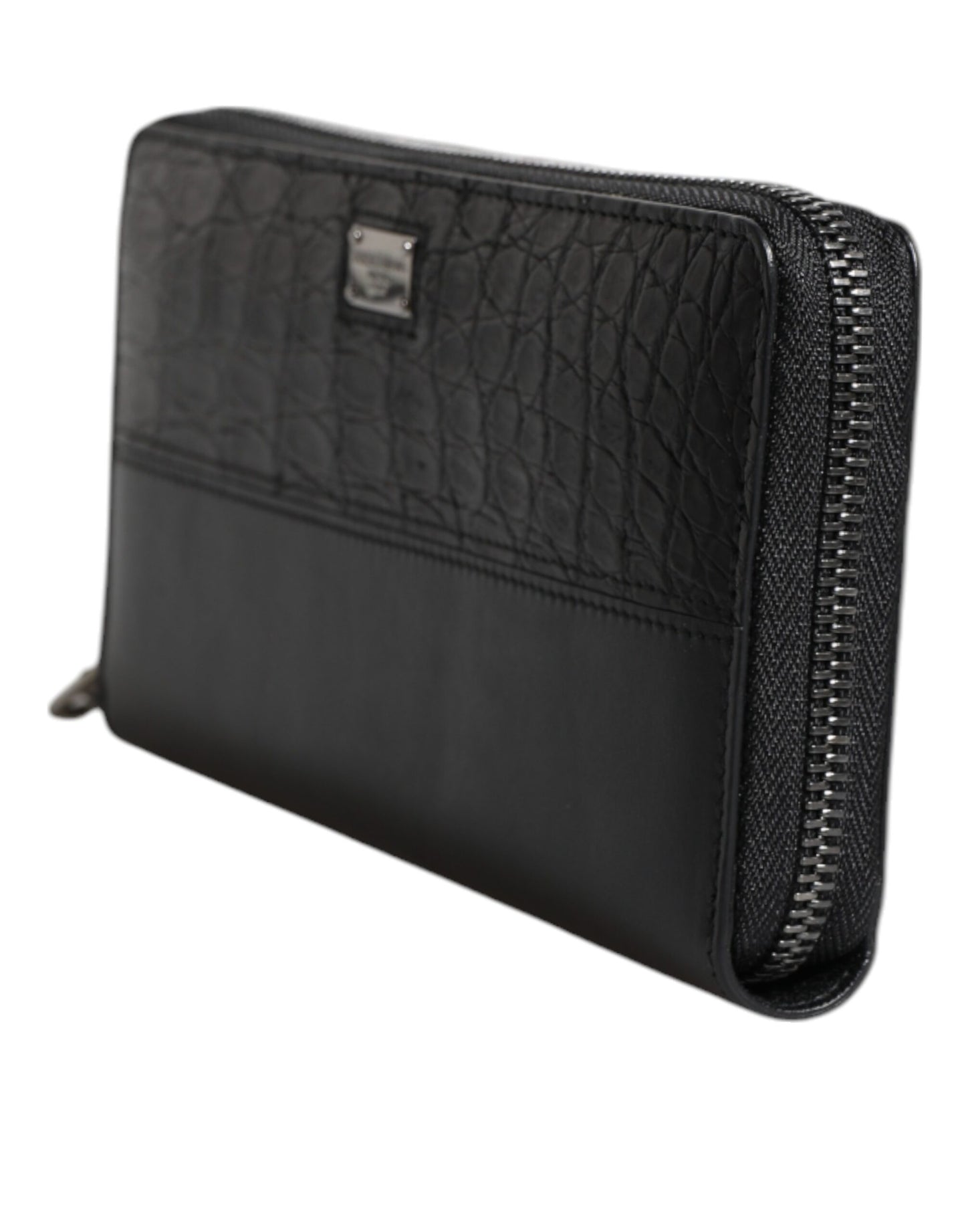 Portefeuille continental zippé en cuir noir Dolce & Gabbana avec plaque logo