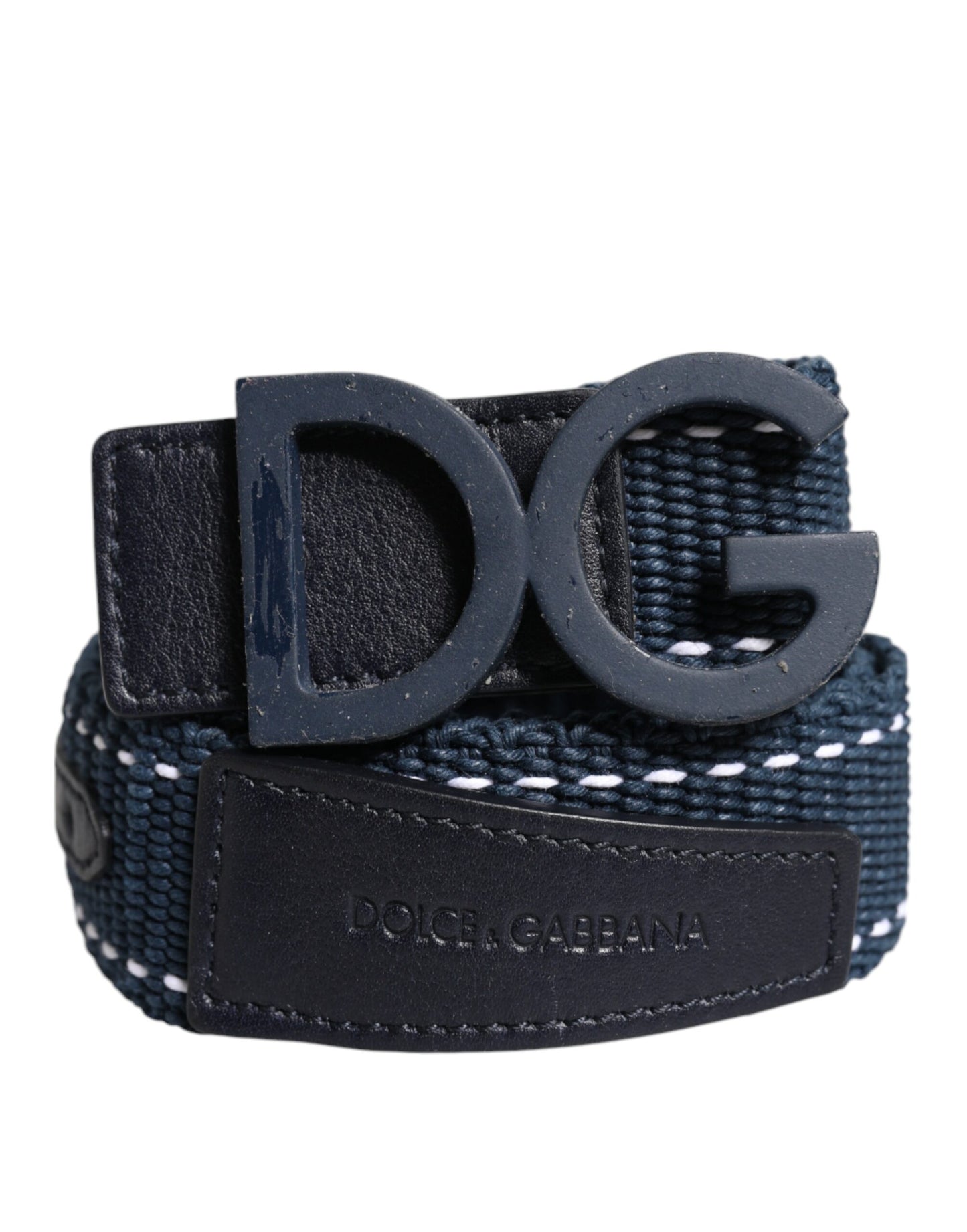 Ceinture Dolce & Gabbana en coton bleu et blanc avec boucle en métal et logo DG