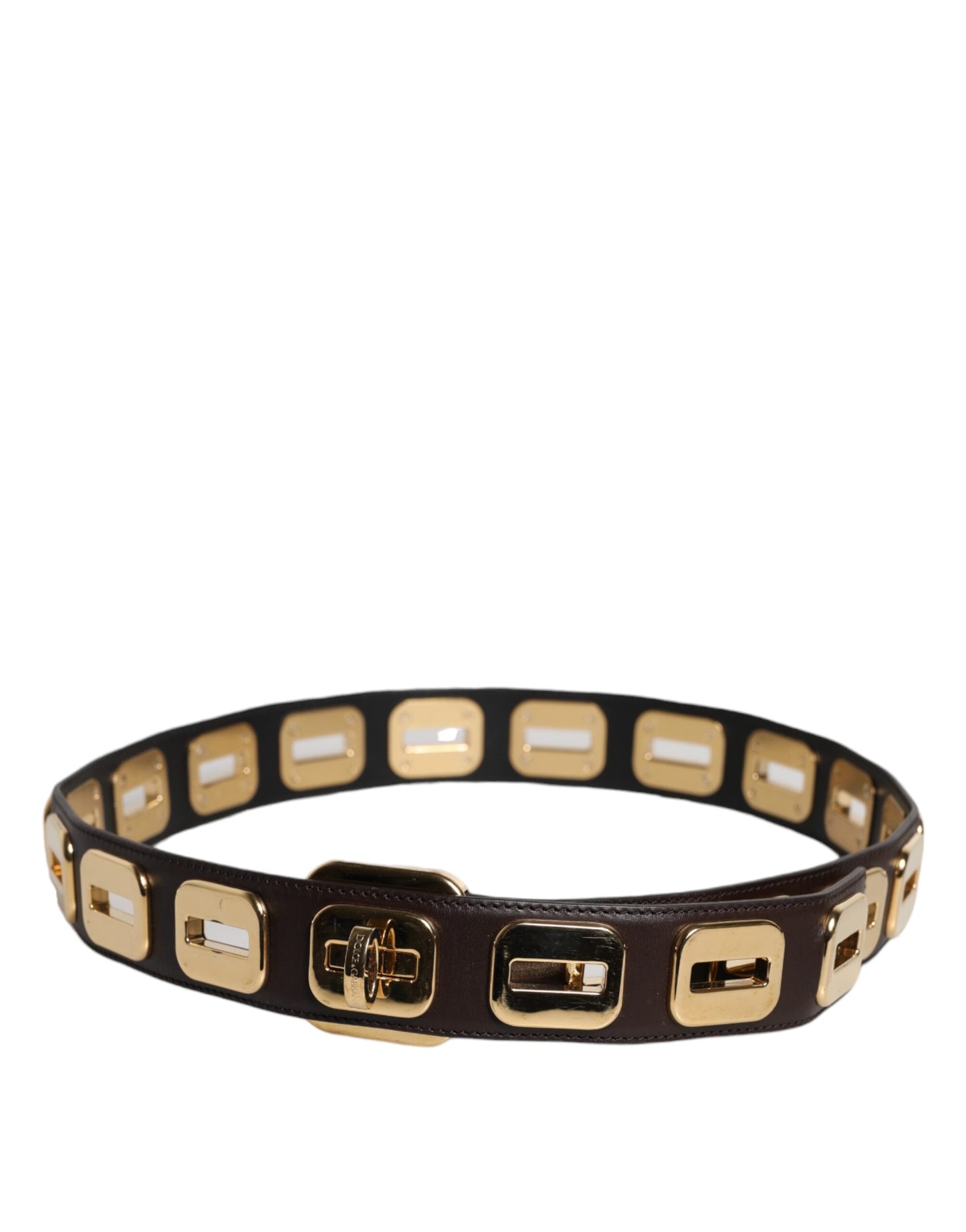 Ceinture Dolce & Gabbana en cuir marron foncé avec boucle rotative dorée