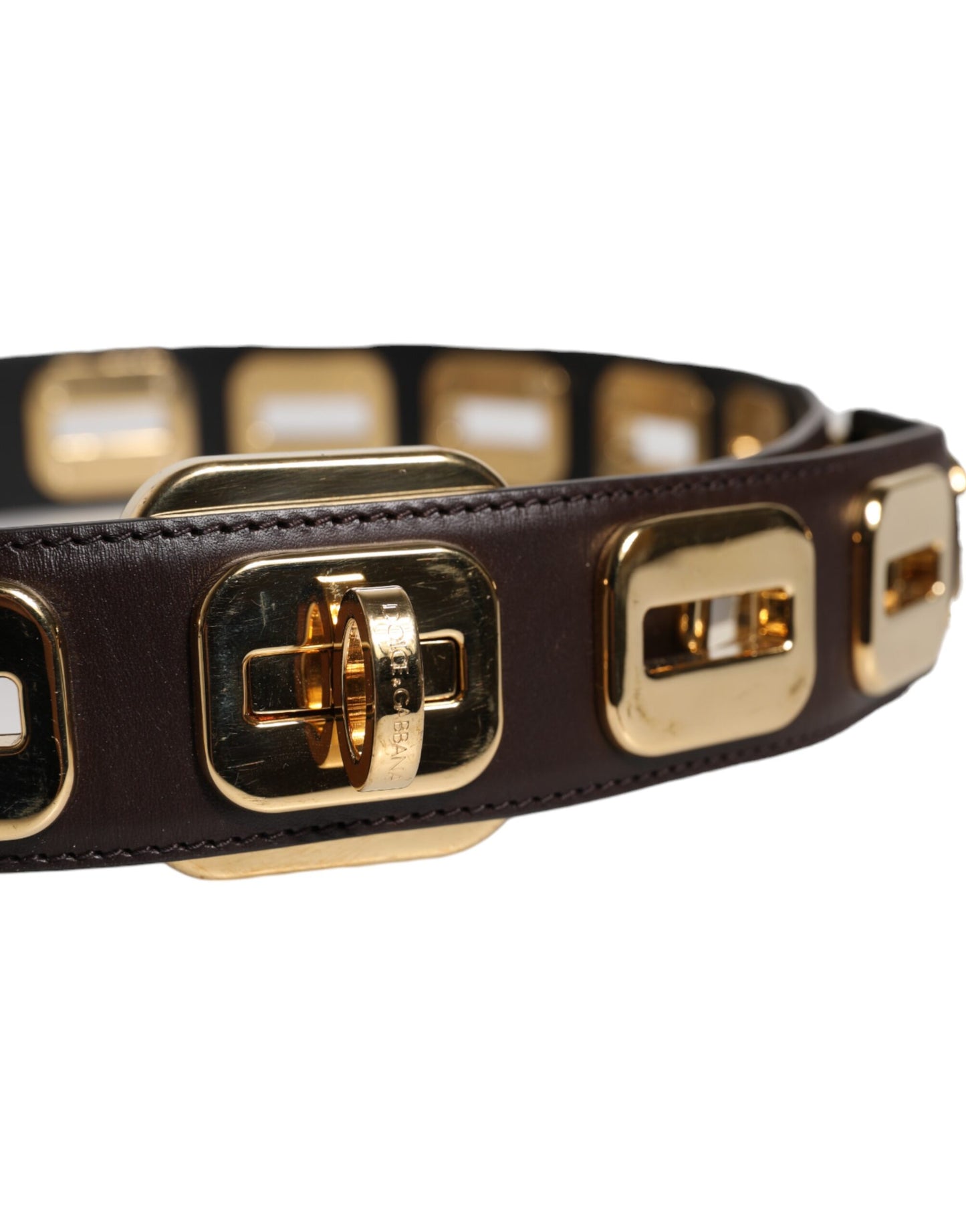 Ceinture Dolce & Gabbana en cuir marron foncé avec boucle rotative dorée