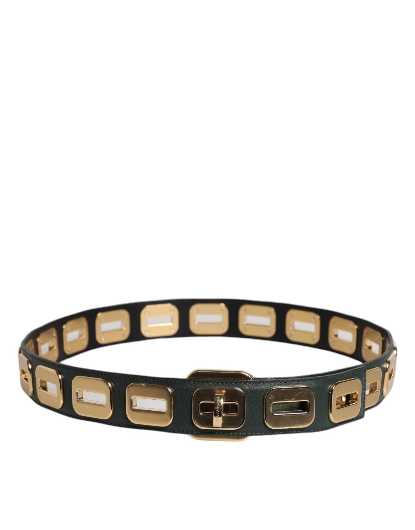 Ceinture à boucle rotative dorée en cuir vert Dolce & Gabbana
