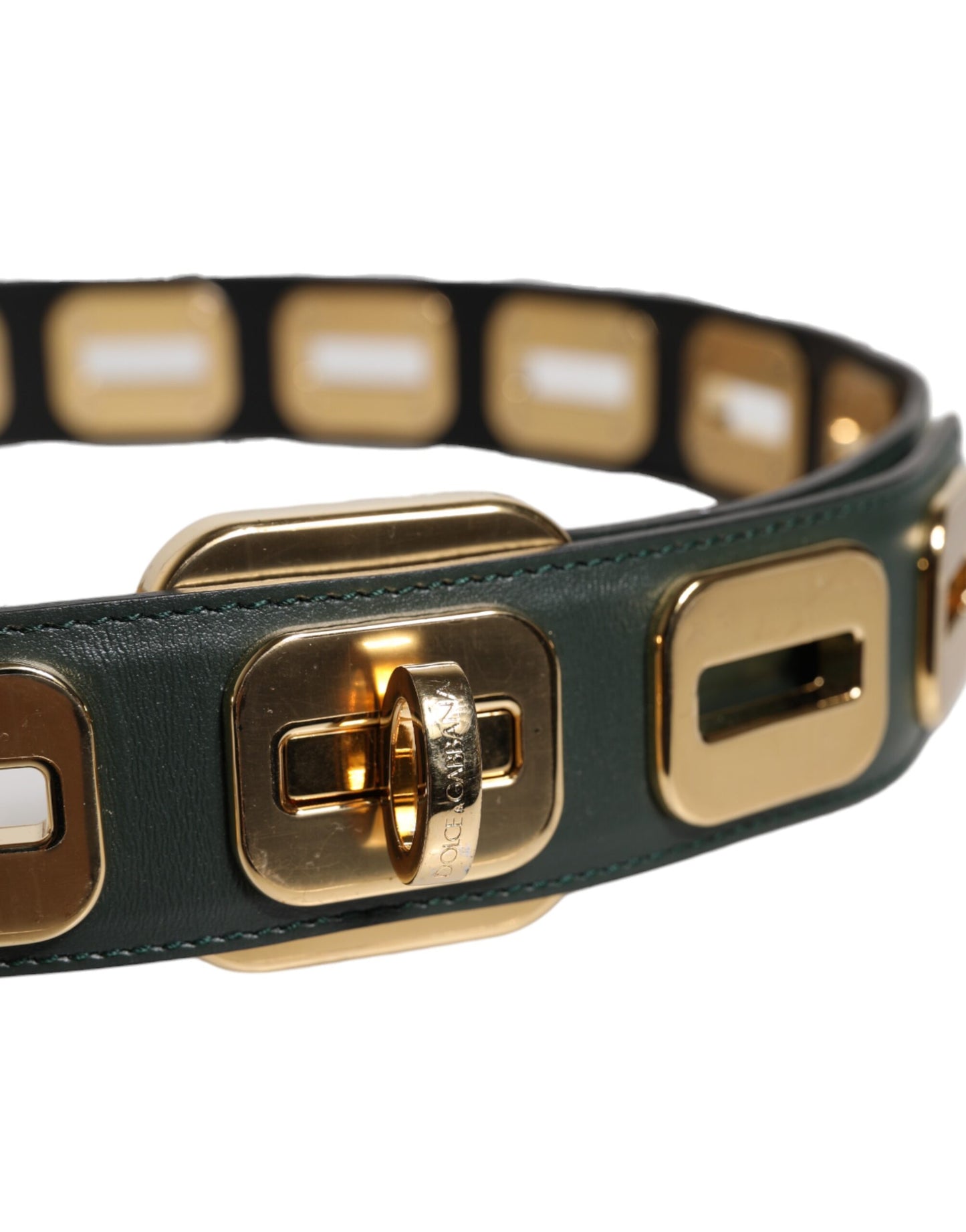Ceinture à boucle rotative dorée en cuir vert Dolce & Gabbana