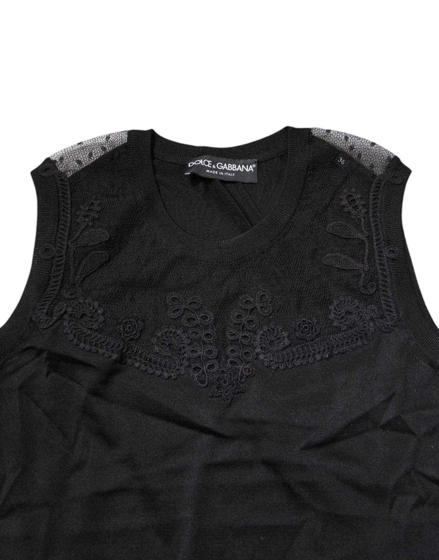 Dolce & Gabbana Black Lace Sheer Crew Neck Sleeveless Top by Dolce & Gabbana