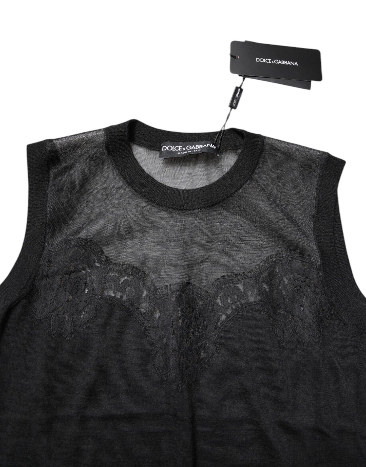 Dolce & Gabbana Black Lace Sheer Crew Neck Sleeveless Top by Dolce & Gabbana