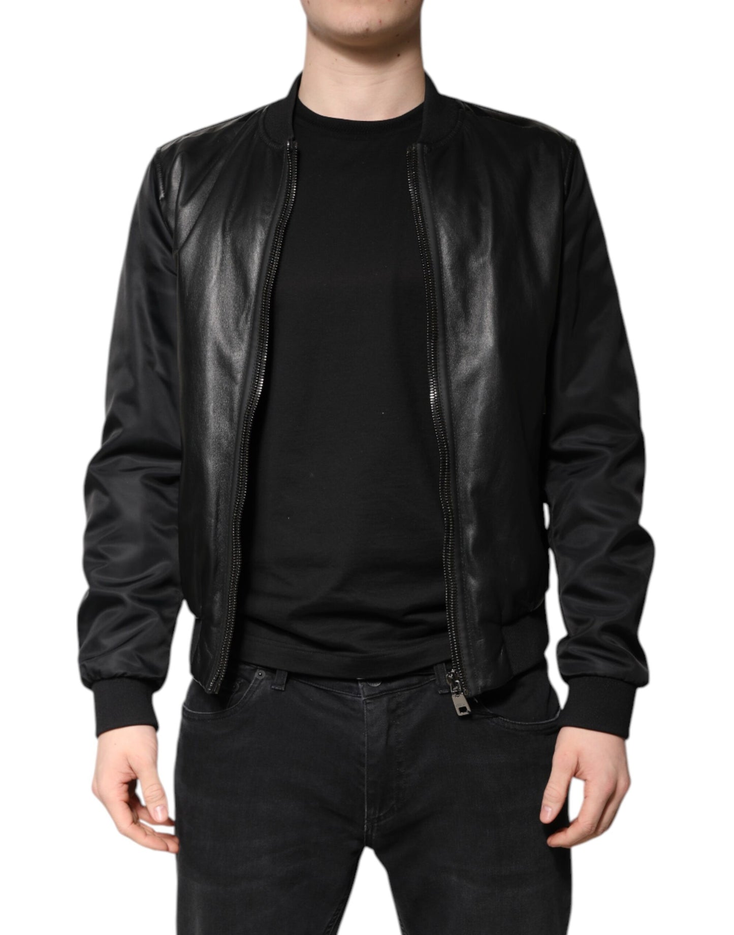 Veste motard entièrement zippée en cuir d'agneau noir Dolce & Gabbana