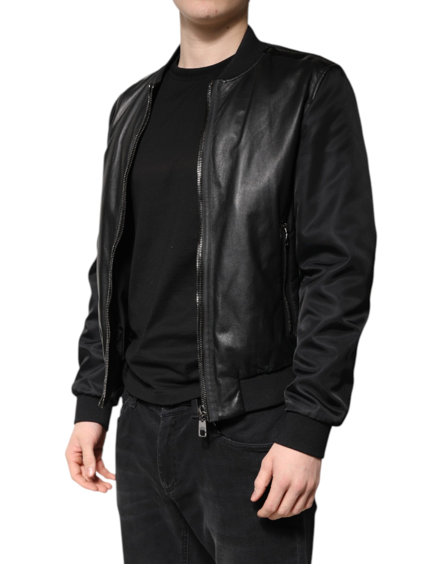Veste motard entièrement zippée en cuir d'agneau noir Dolce & Gabbana